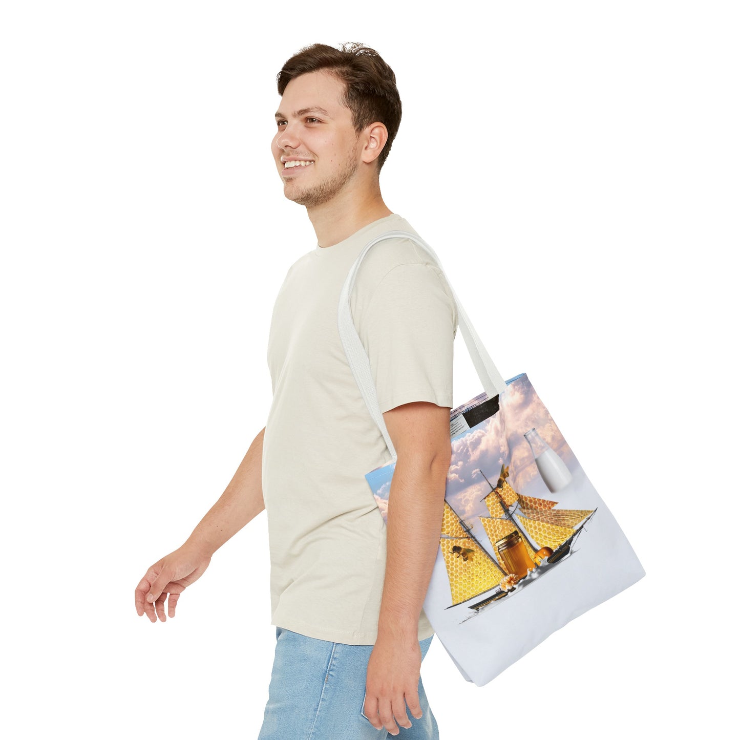 Tote Bag, Bees at Sea on Honeycomb Ship 'Milk & Honey' Surreal Whimsical Collage Art