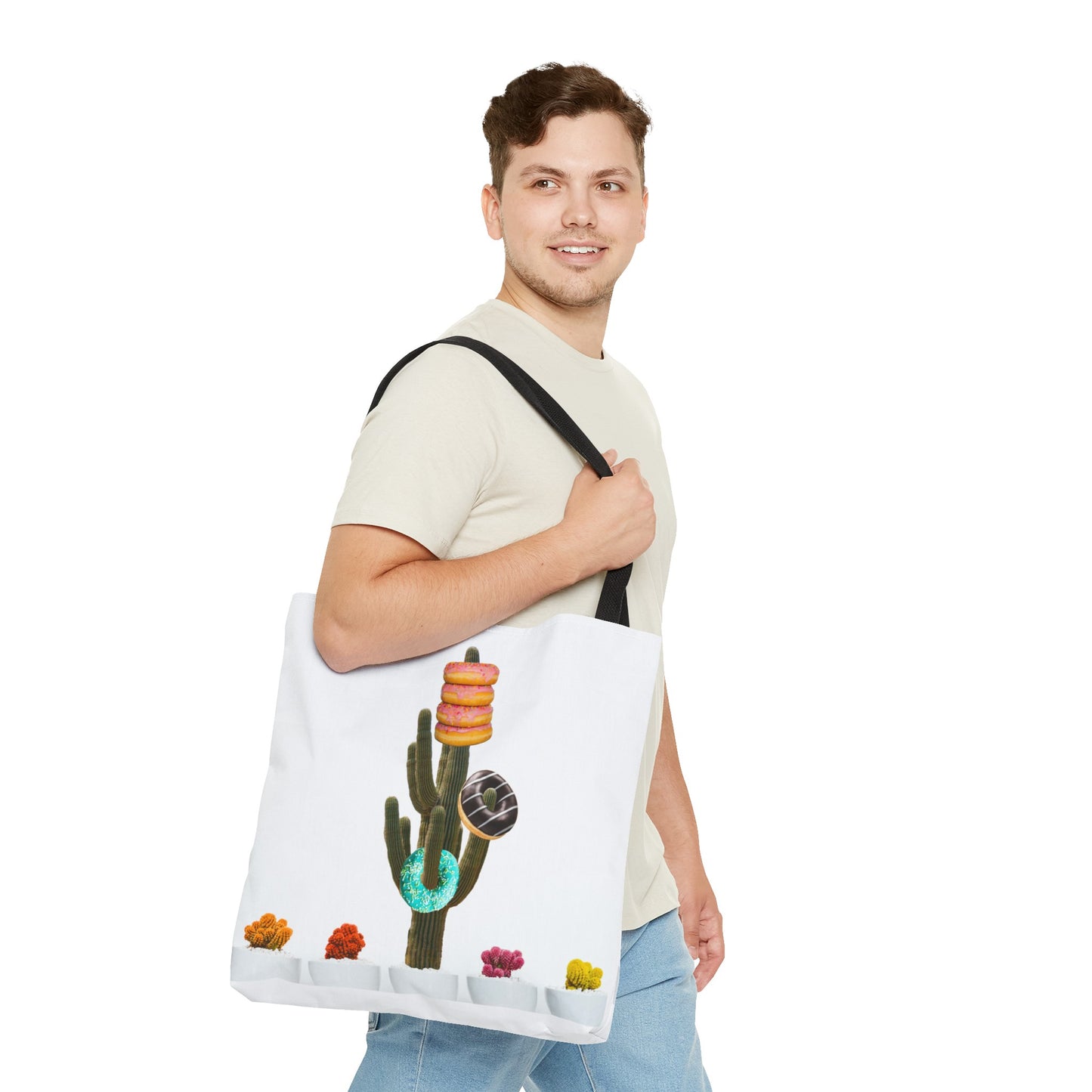 Collage Art Tote Bag featuring 'Giving Tree' & Colorful Donut Cactus Design