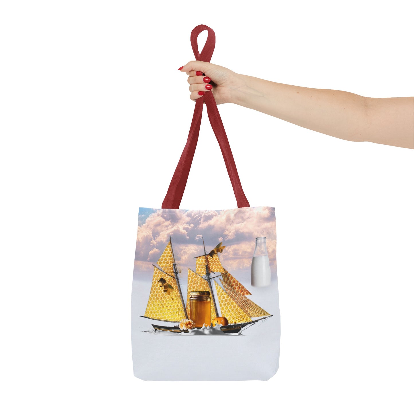 Tote Bag, Bees at Sea on Honeycomb Ship 'Milk & Honey' Surreal Whimsical Collage Art