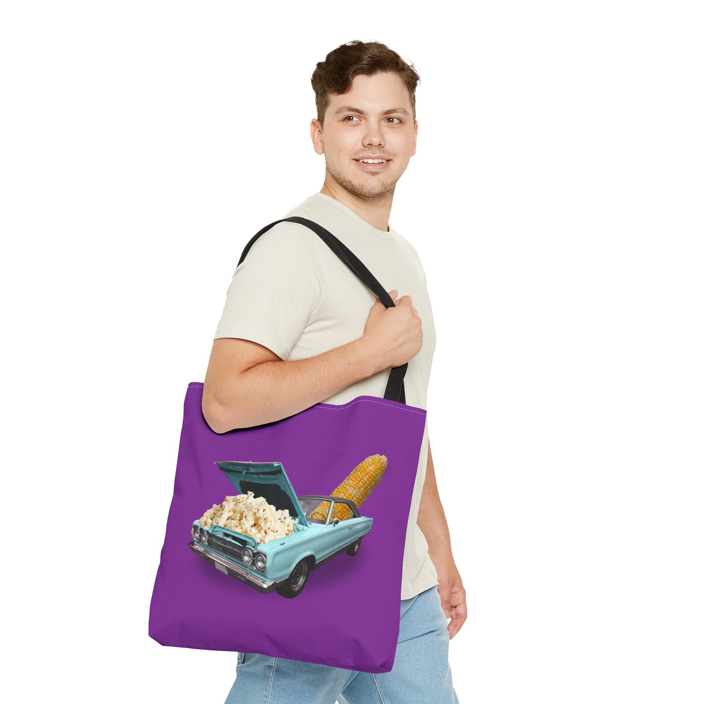 Quirky Tote Bag with Surreal Popcorn Car Art Print - Poppin' Ride