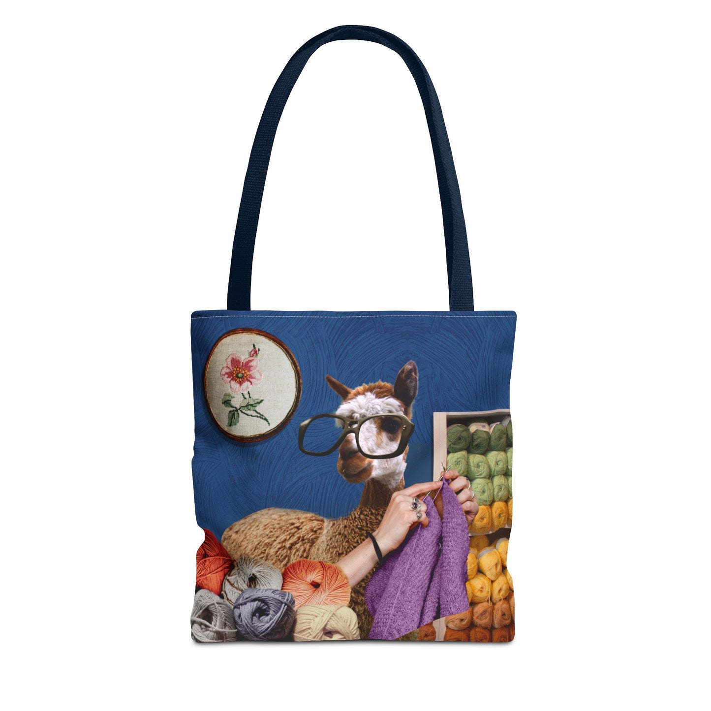 Whimsical Funky Llama Tote Bag: "Llama Tried" - Wearing Glasses and Knitting in Yarn Shop