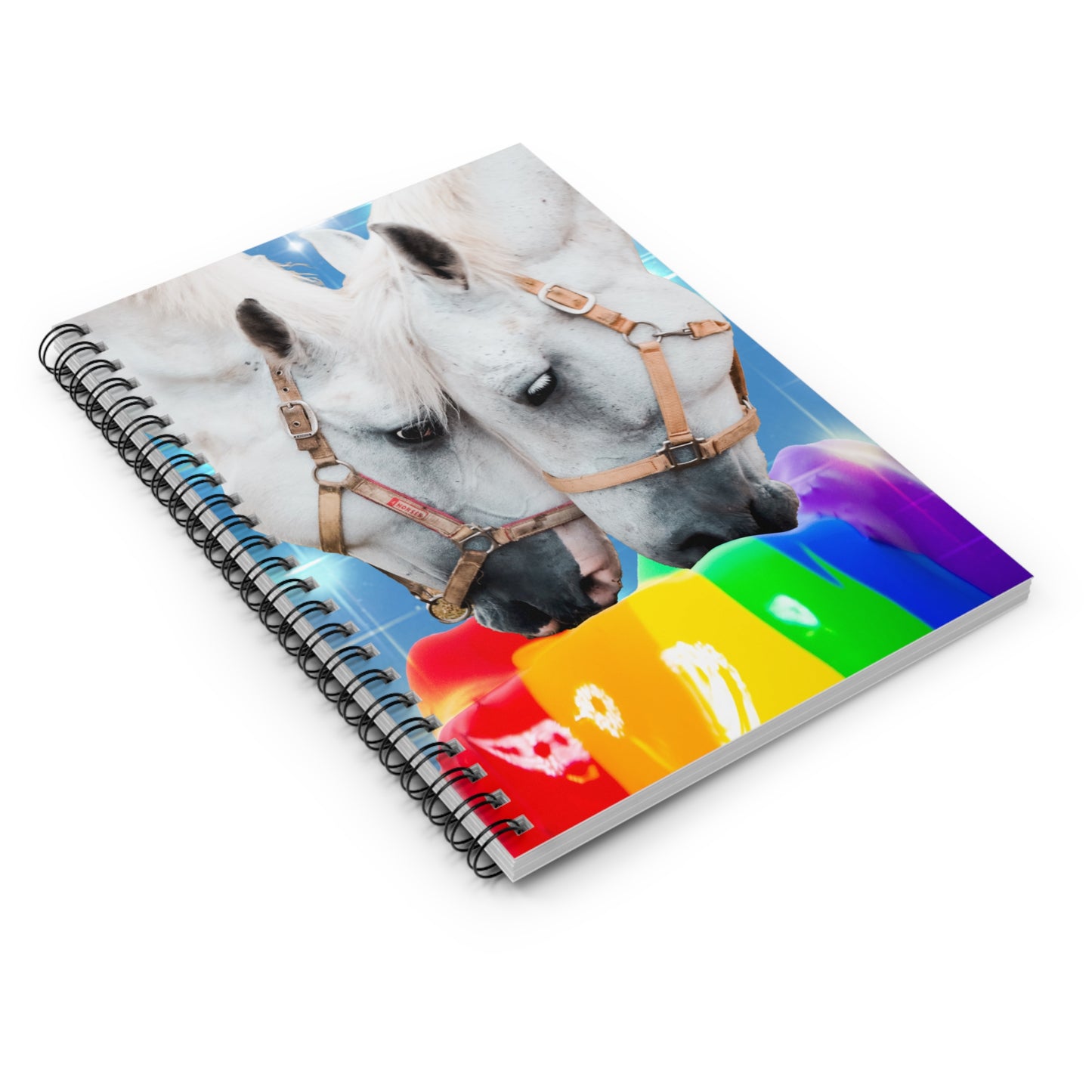 Surreal Collage Art Spiral Notebook - 'Pooping Rainbows' White Horses in Starry Sparkle