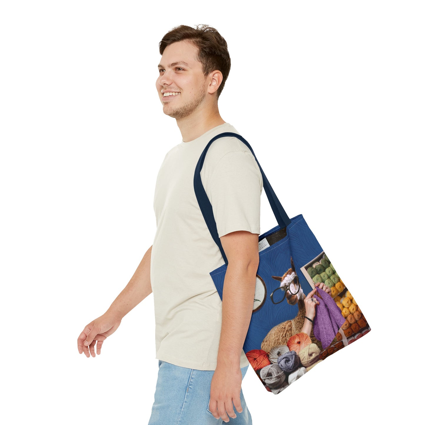 Whimsical Funky Llama Tote Bag: "Llama Tried" - Wearing Glasses and Knitting in Yarn Shop