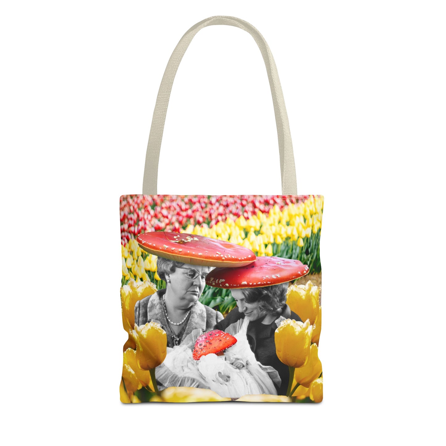 Happy Mushroom Family All Over Print Tote Bag - Surreal Collage Art "Nana's Little Mushroom" in a Field of Tulips