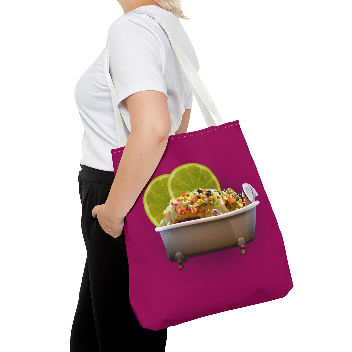 Food Lover's Delight: Woman Soaking in Bathtub with Burrito Tote Bag