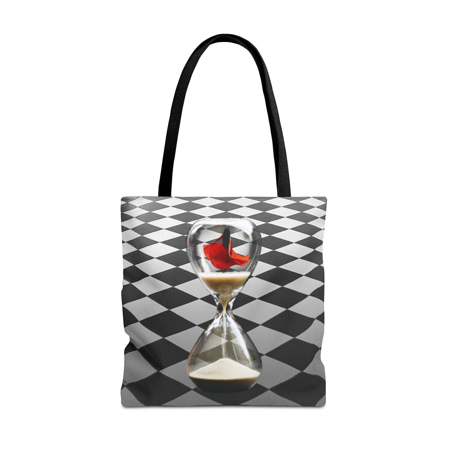 Red Dress Dancer Tote Bag - Surreal Art Checkerboard Design - Dance Through Life
