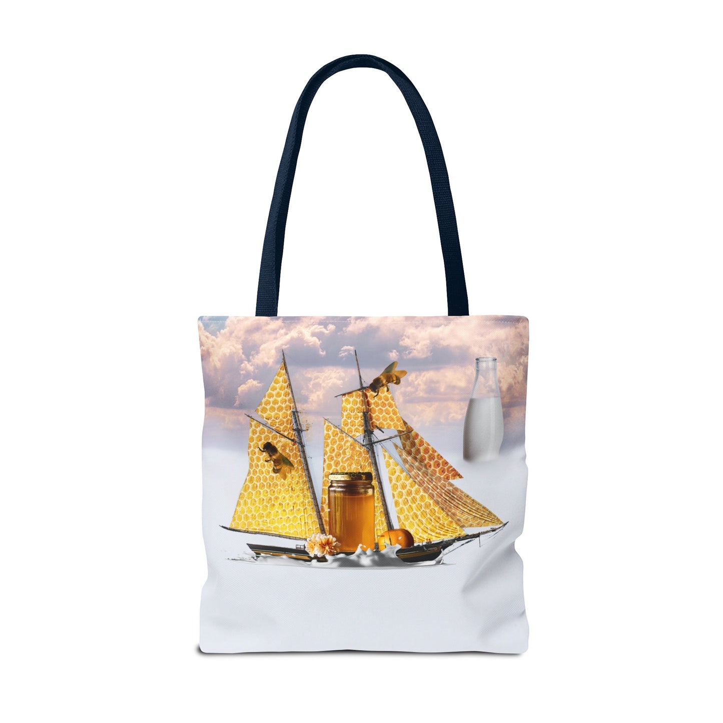 Tote Bag, Bees at Sea on Honeycomb Ship 'Milk & Honey' Surreal Whimsical Collage Art