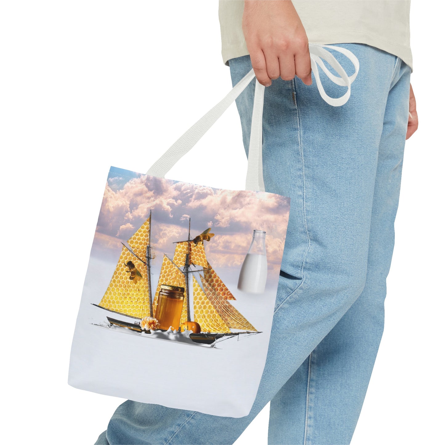 Tote Bag, Bees at Sea on Honeycomb Ship 'Milk & Honey' Surreal Whimsical Collage Art