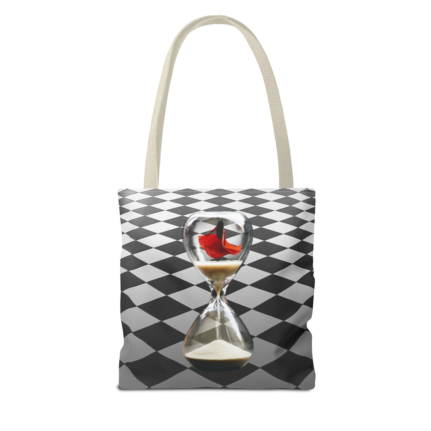Red Dress Dancer Tote Bag - Surreal Art Checkerboard Design - Dance Through Life