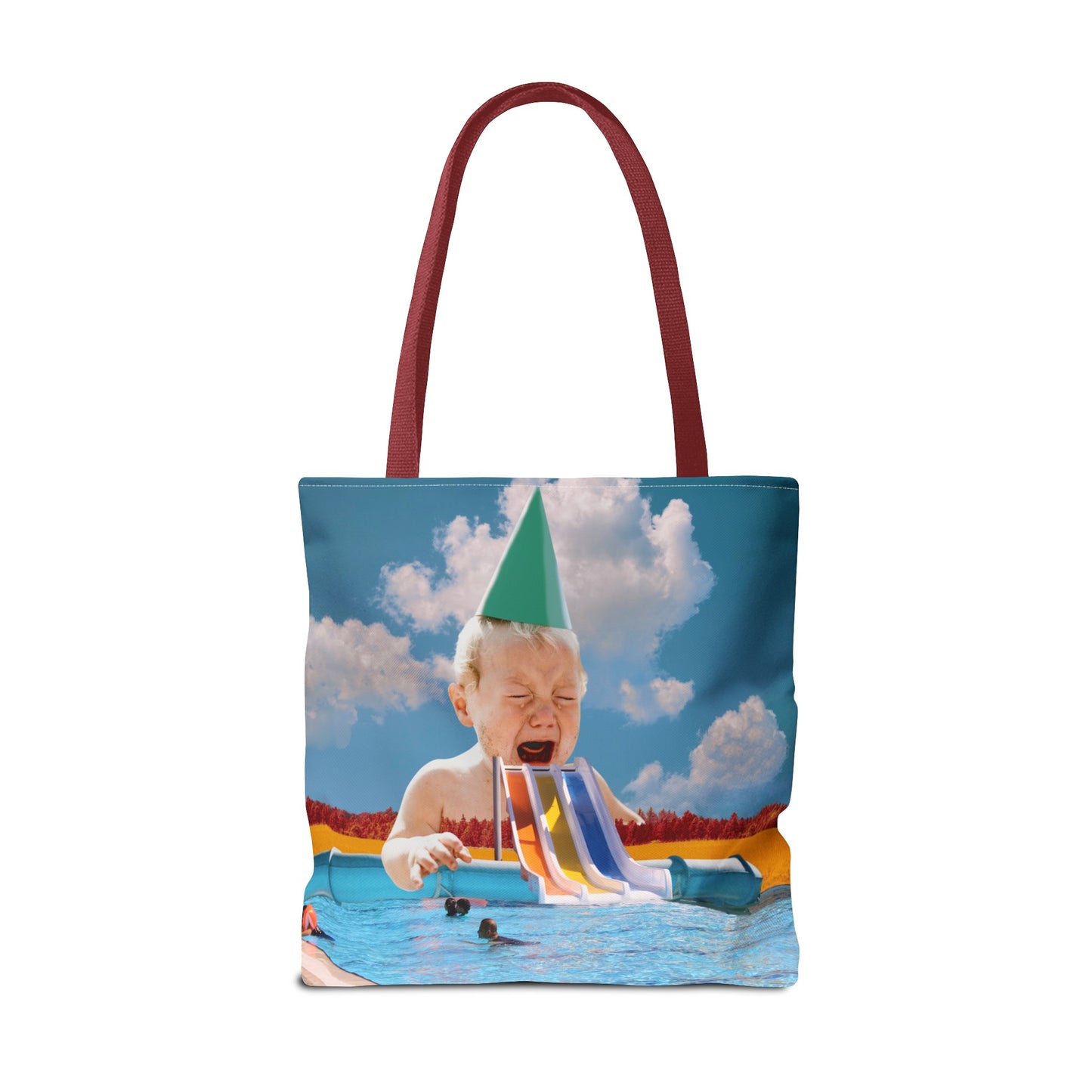 Vibrant Pool Party Beach Tote Bag - Surreal Art Print - Giant Baby and Colorful Pool Slide