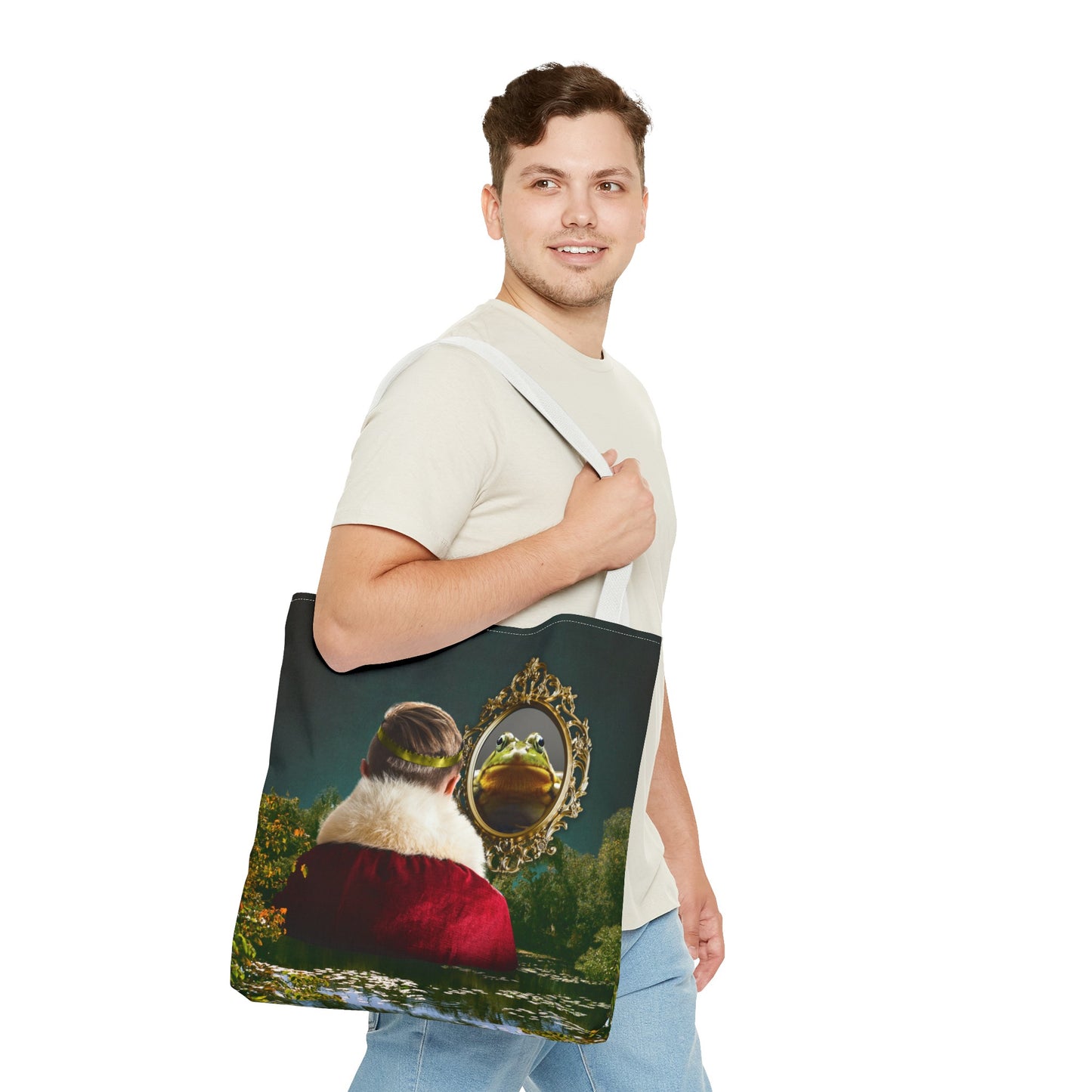 Frog Prince Reflection Tote Bag - Mystic Wetlands Collage Art Print