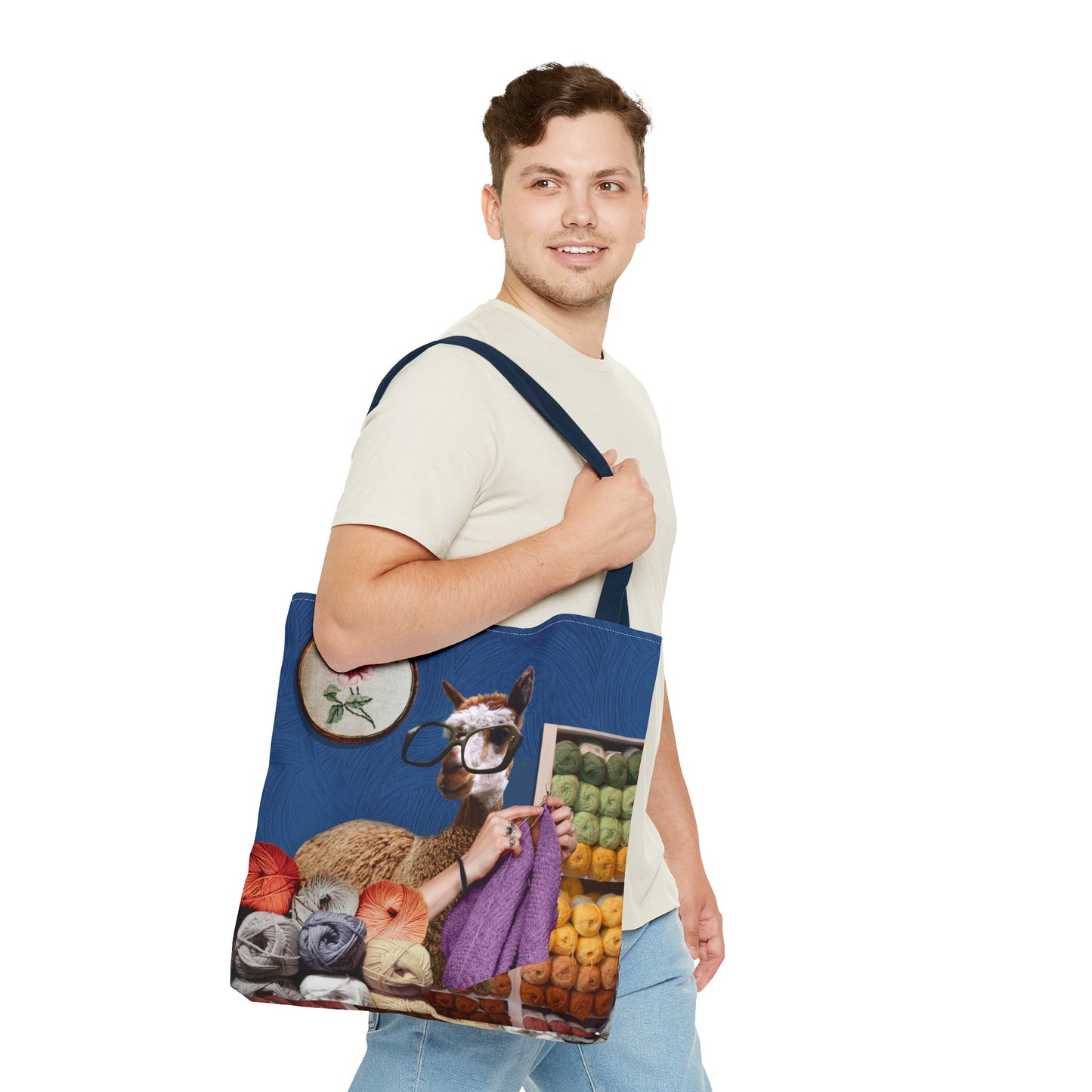 Whimsical Funky Llama Tote Bag: "Llama Tried" - Wearing Glasses and Knitting in Yarn Shop