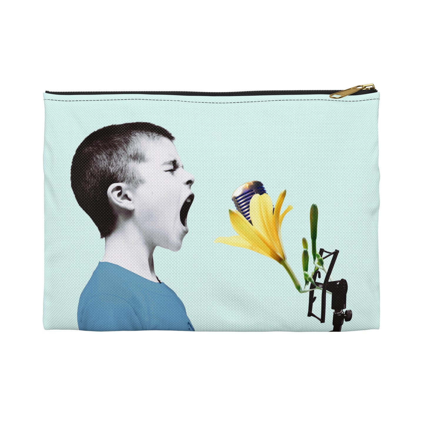 Nature Sounds Collage Art Accessory Pouch with Boy's Whimsical Floral Microphone Serenade