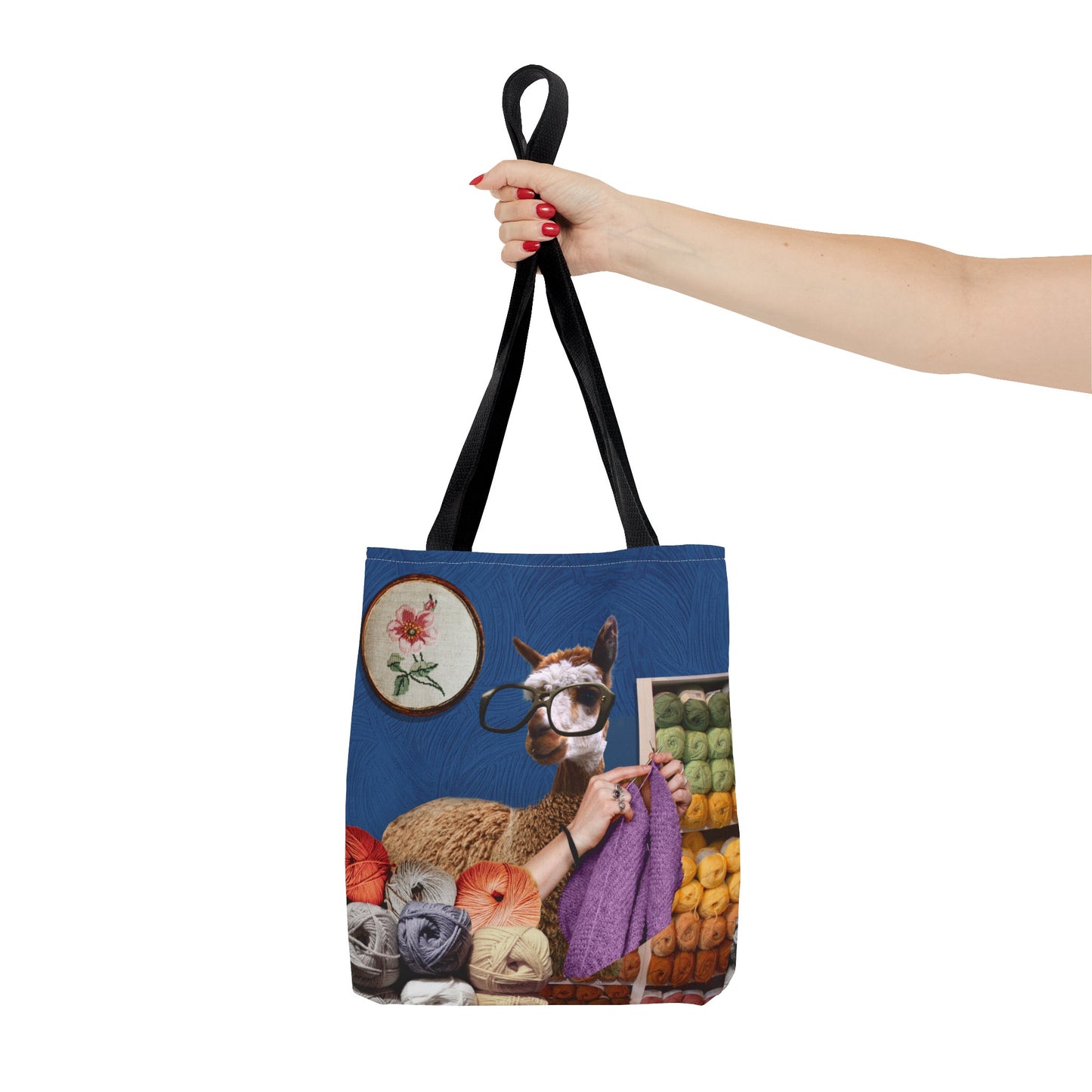 Whimsical Funky Llama Tote Bag: "Llama Tried" - Wearing Glasses and Knitting in Yarn Shop