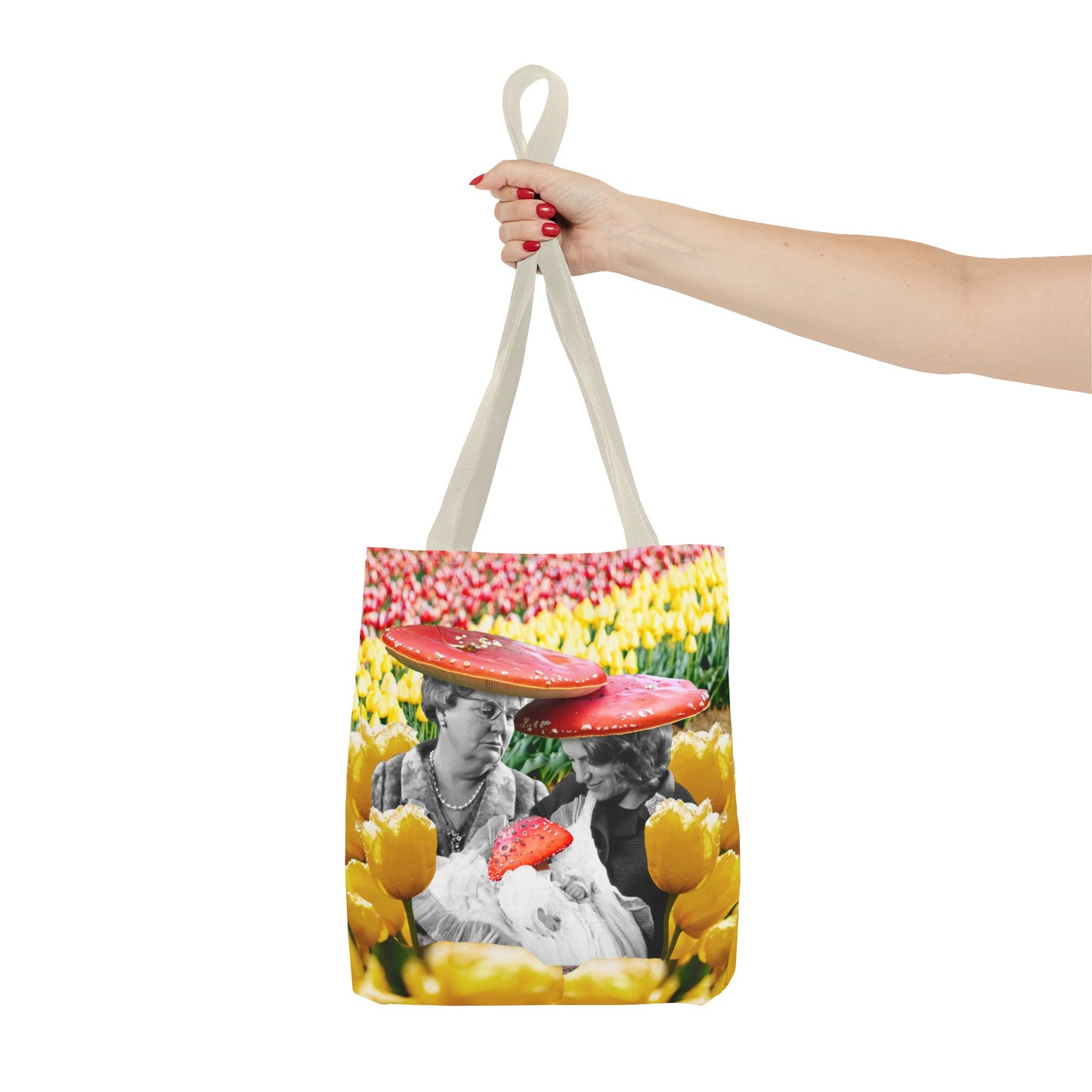 Happy Mushroom Family All Over Print Tote Bag - Surreal Collage Art "Nana's Little Mushroom" in a Field of Tulips