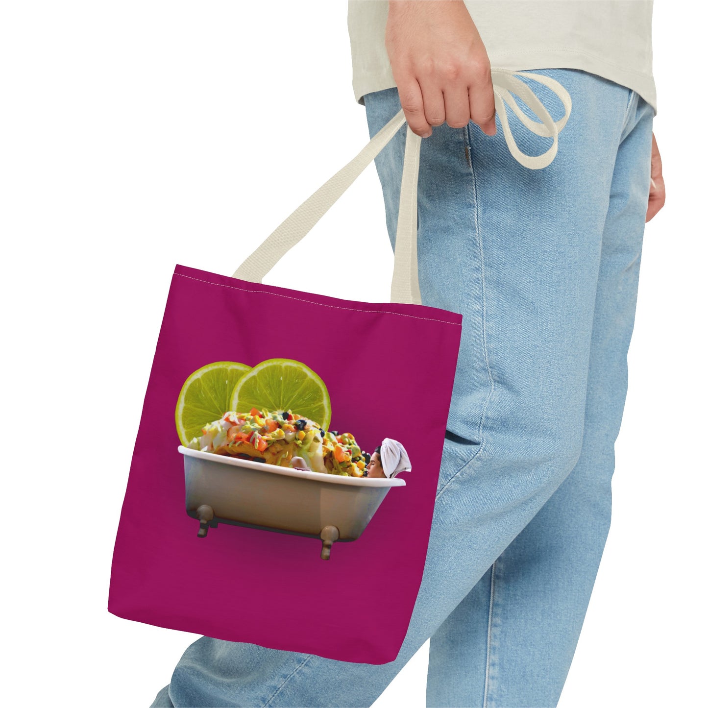 Food Lover's Delight: Woman Soaking in Bathtub with Burrito Tote Bag