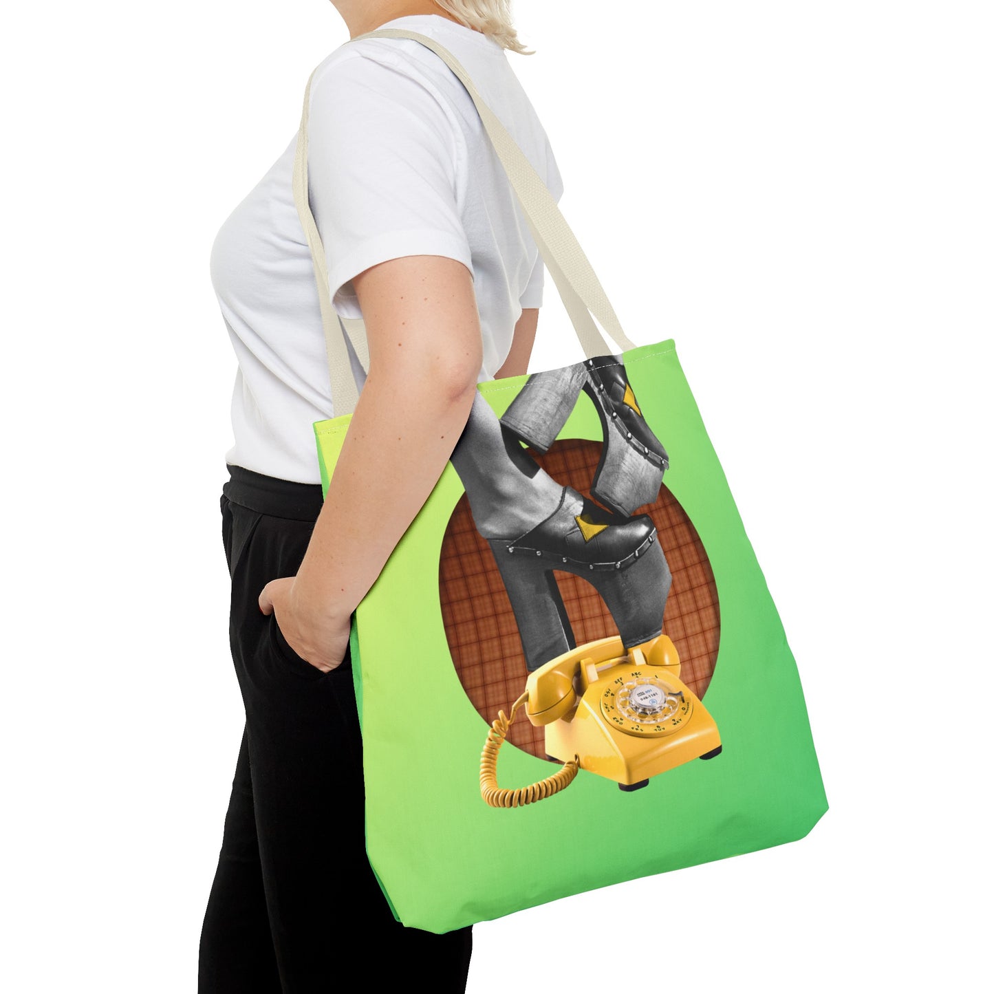 Playful Tote Bag with Collage Art "Hold My Calls" - 70's Platform Shoes and Yellow Rotary Phone