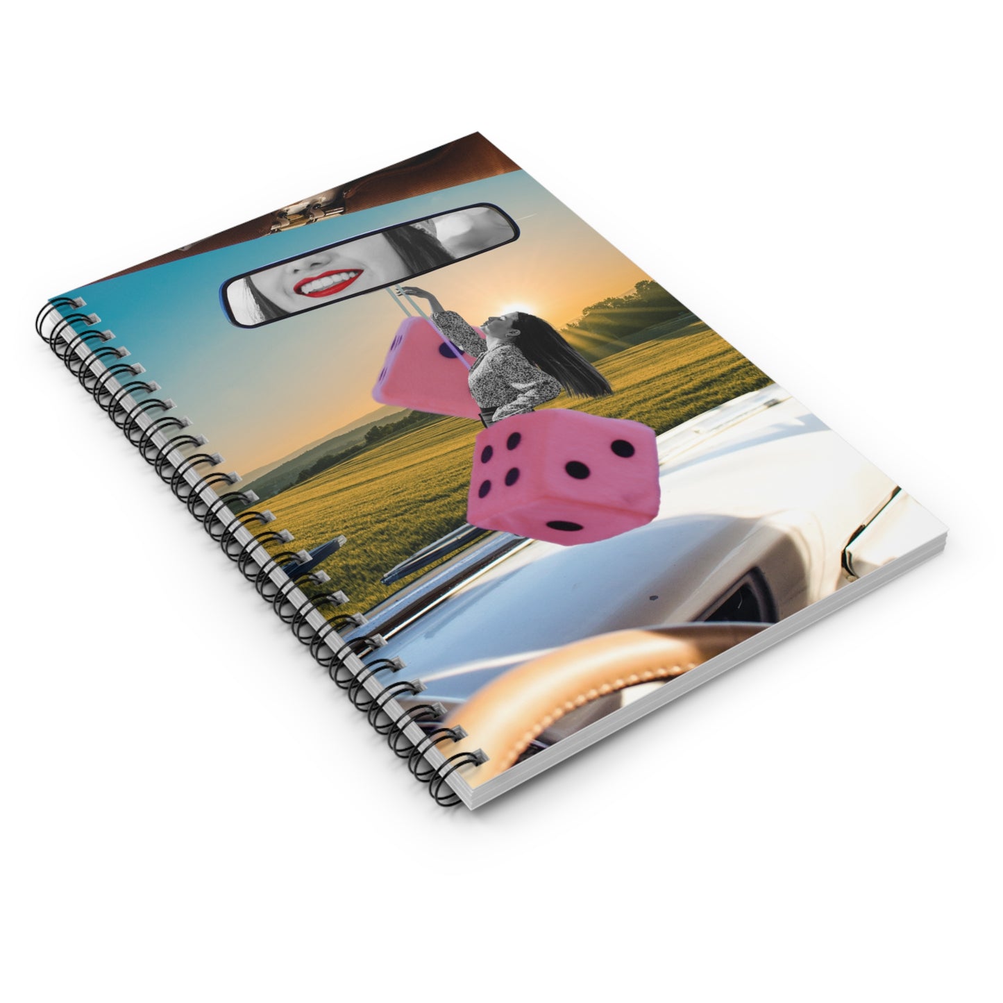 Surreal Art Notebook: 'Fast Car' Collage with Pink Fuzzy Dice and Reflection of Joy