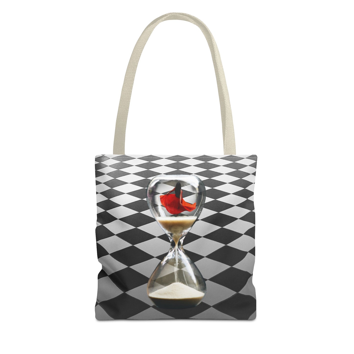 Red Dress Dancer Tote Bag - Surreal Art Checkerboard Design - Dance Through Life