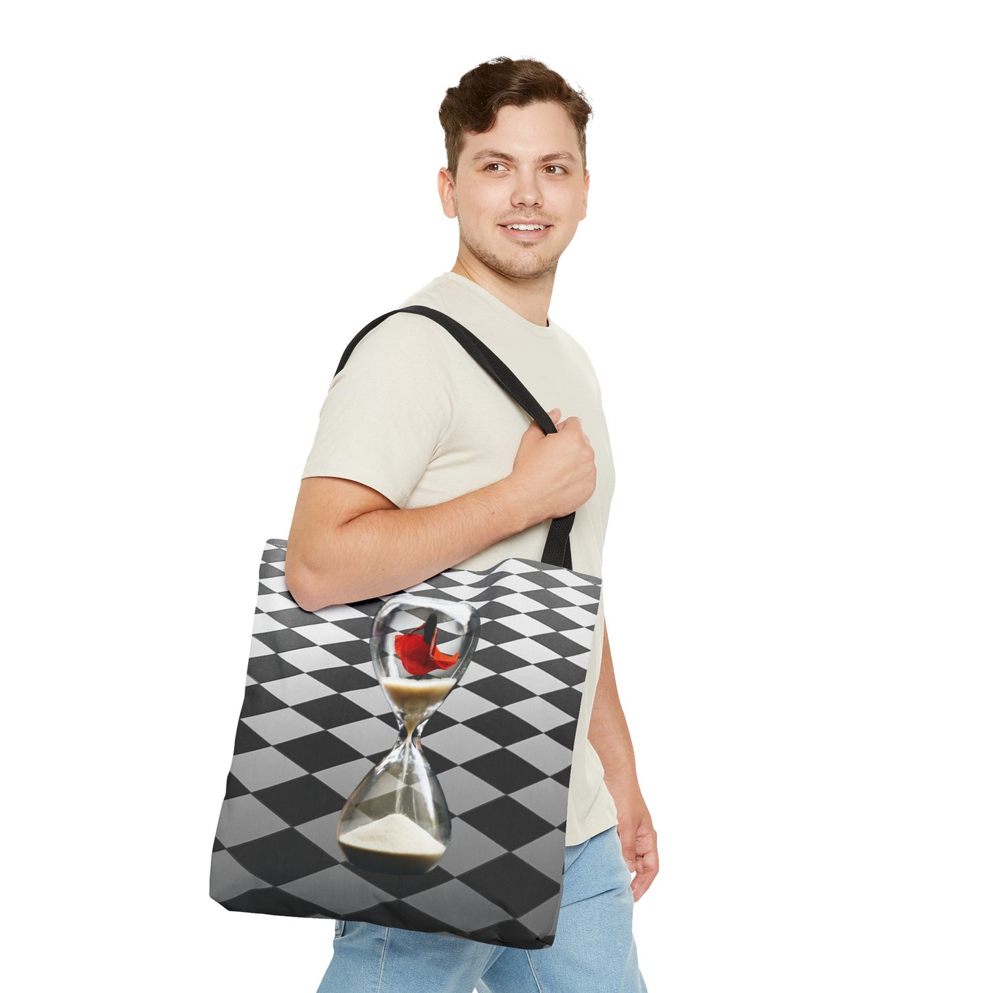 Red Dress Dancer Tote Bag - Surreal Art Checkerboard Design - Dance Through Life