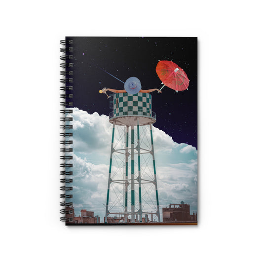 Spiral Notebook With Unique Collage Art Print: 'Soaked' - Martini, Umbrella, and Water Tower