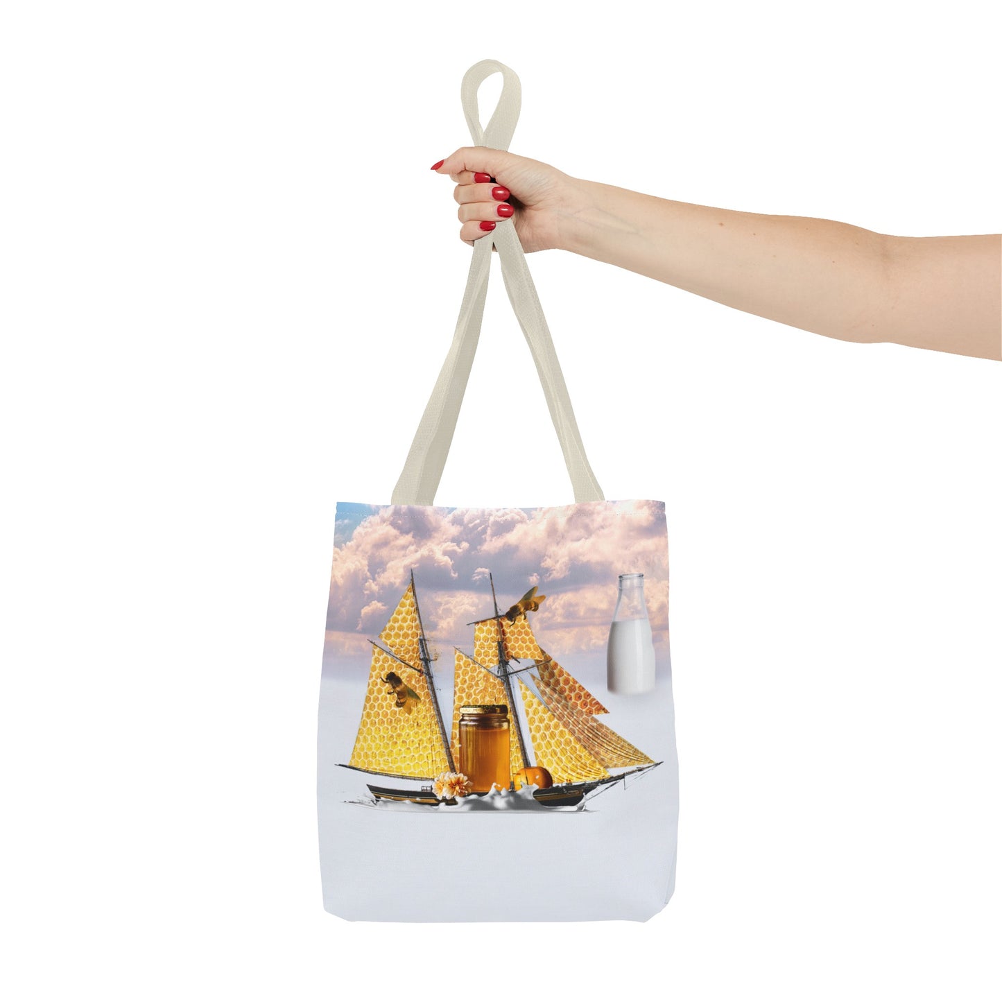 Tote Bag, Bees at Sea on Honeycomb Ship 'Milk & Honey' Surreal Whimsical Collage Art