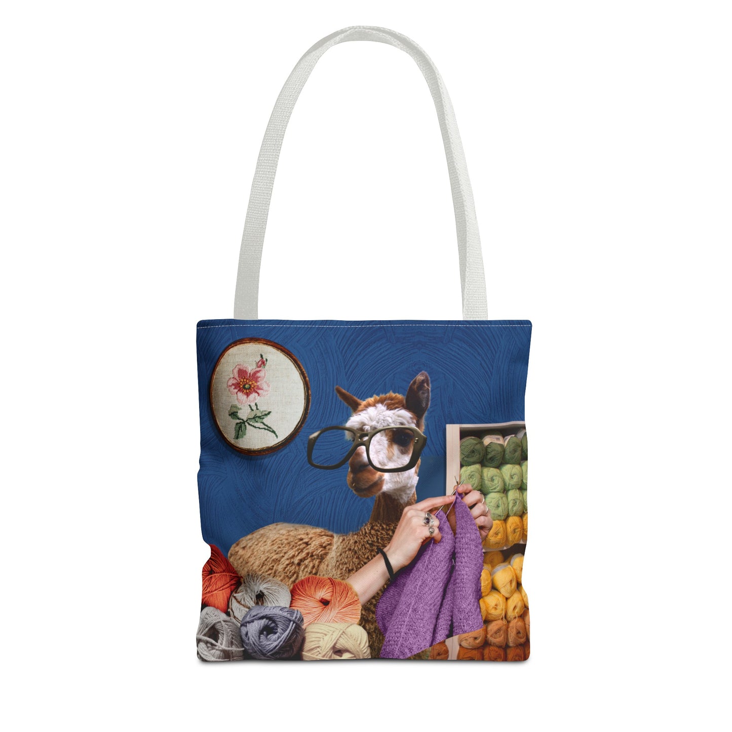 Whimsical Funky Llama Tote Bag: "Llama Tried" - Wearing Glasses and Knitting in Yarn Shop
