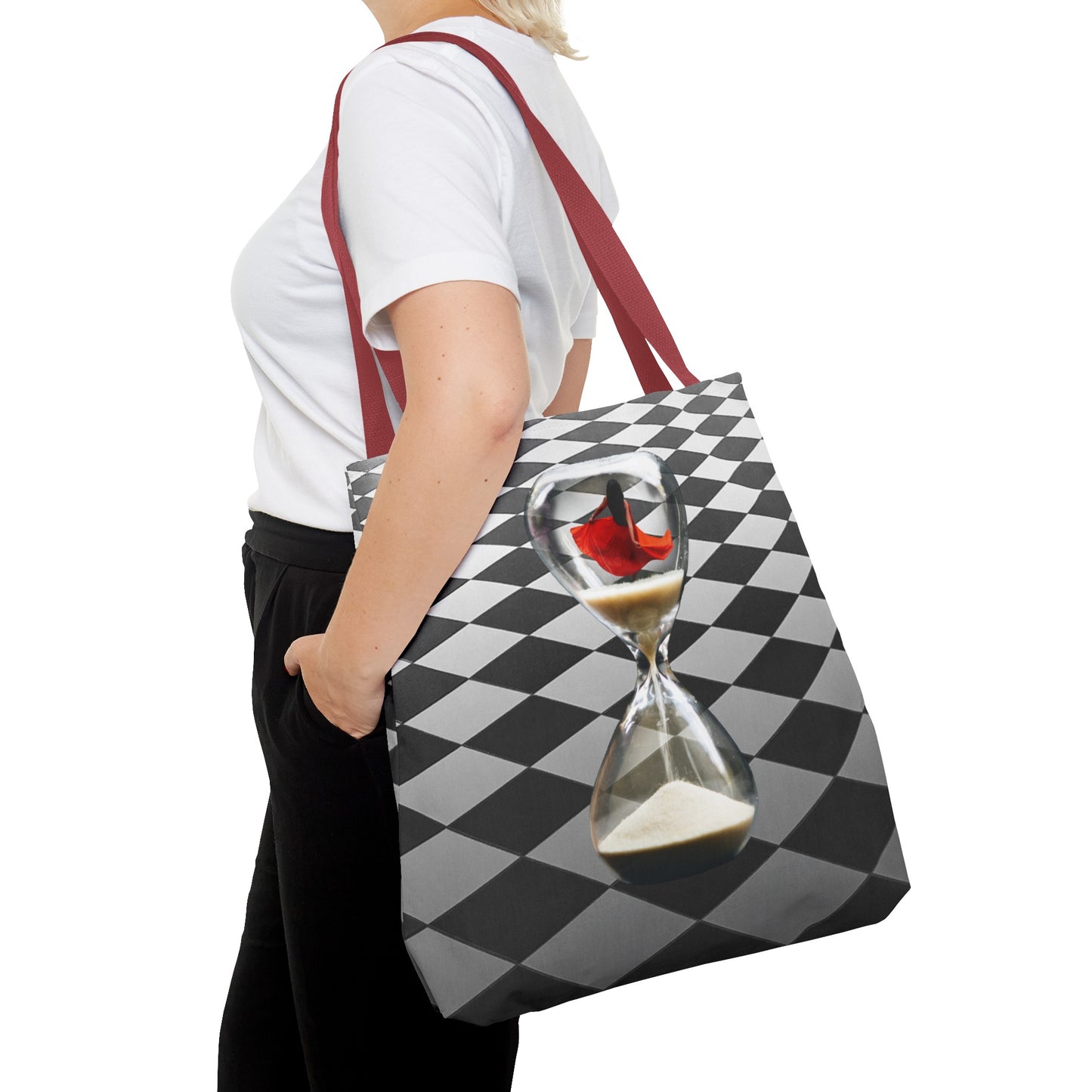 Red Dress Dancer Tote Bag - Surreal Art Checkerboard Design - Dance Through Life