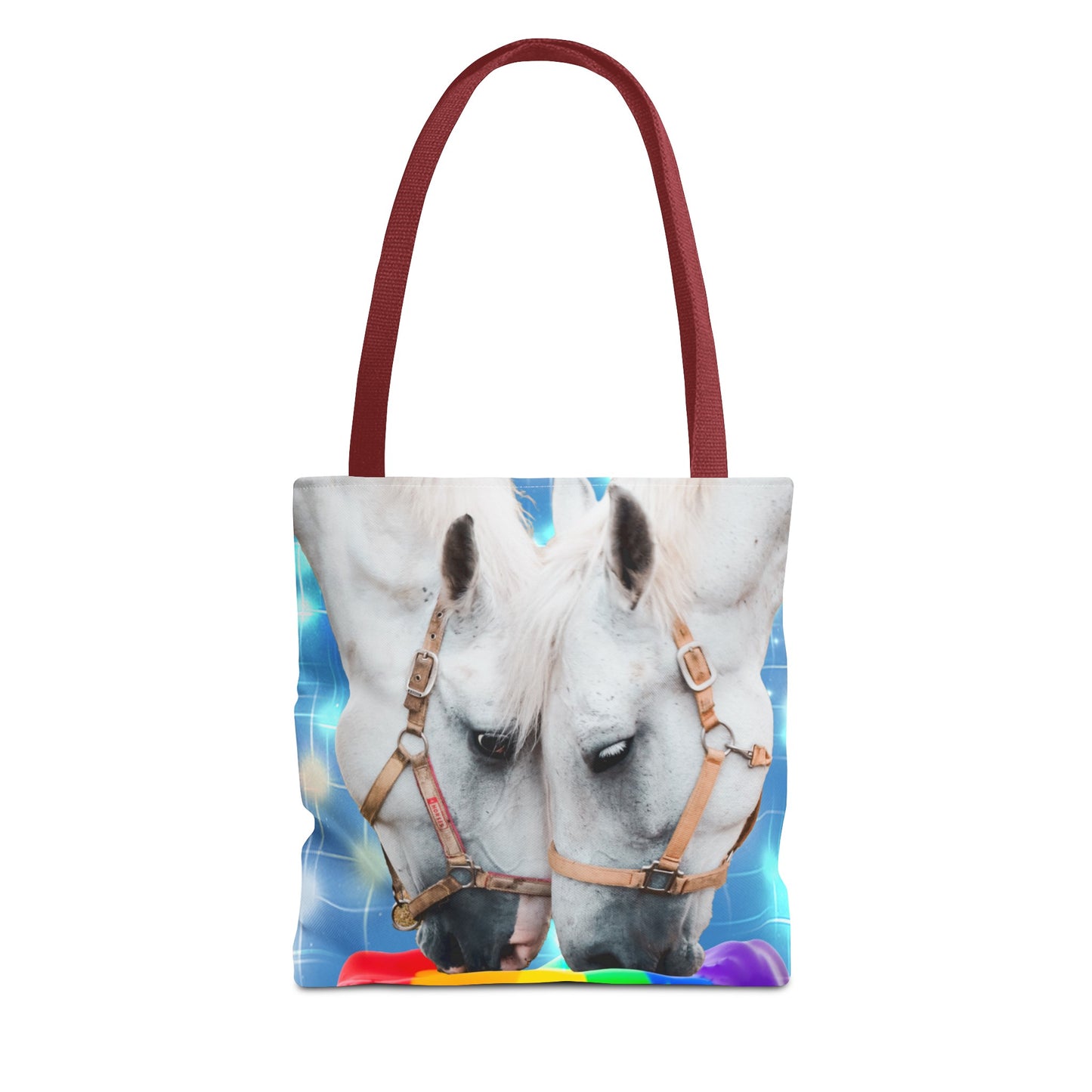 Unique Tote Bag "Pooping Rainbows" Art - White Horses Eating Rainbow Feed