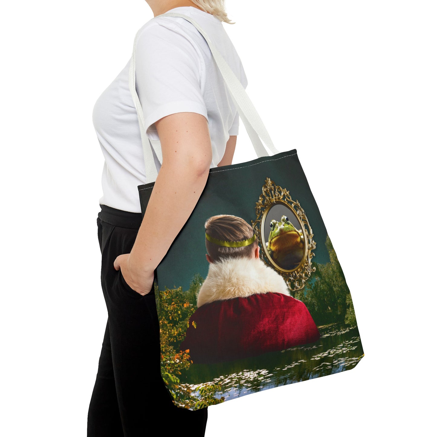 Frog Prince Reflection Tote Bag - Mystic Wetlands Collage Art Print