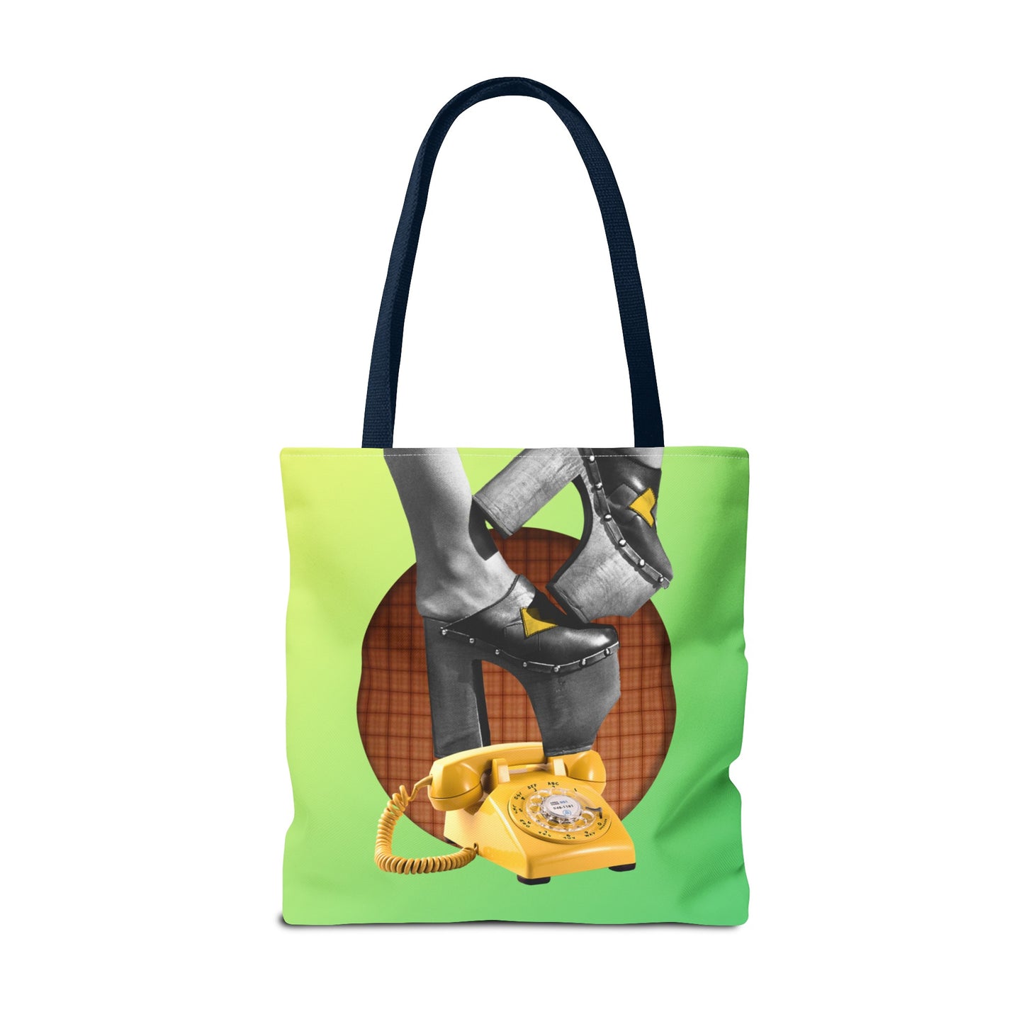 Playful Tote Bag with Collage Art "Hold My Calls" - 70's Platform Shoes and Yellow Rotary Phone