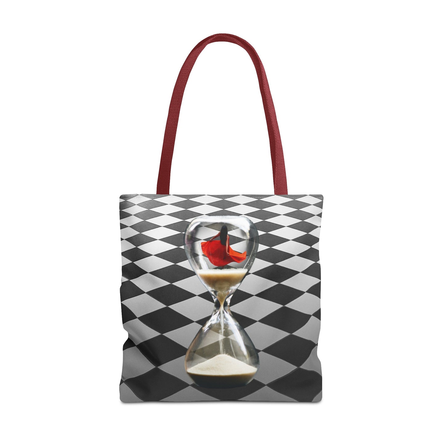 Red Dress Dancer Tote Bag - Surreal Art Checkerboard Design - Dance Through Life