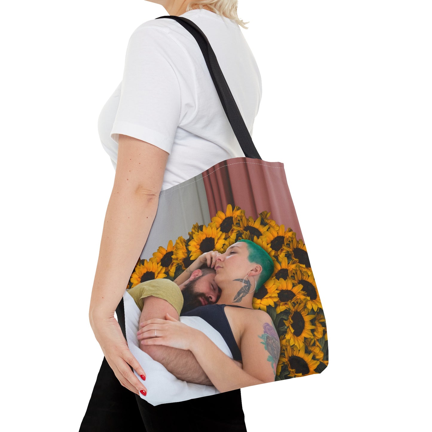 Tranquil Sunflowers Around Cuddling Couple Tote Bag Surreal Art - Loving Design "Sunflowers In Your Room"