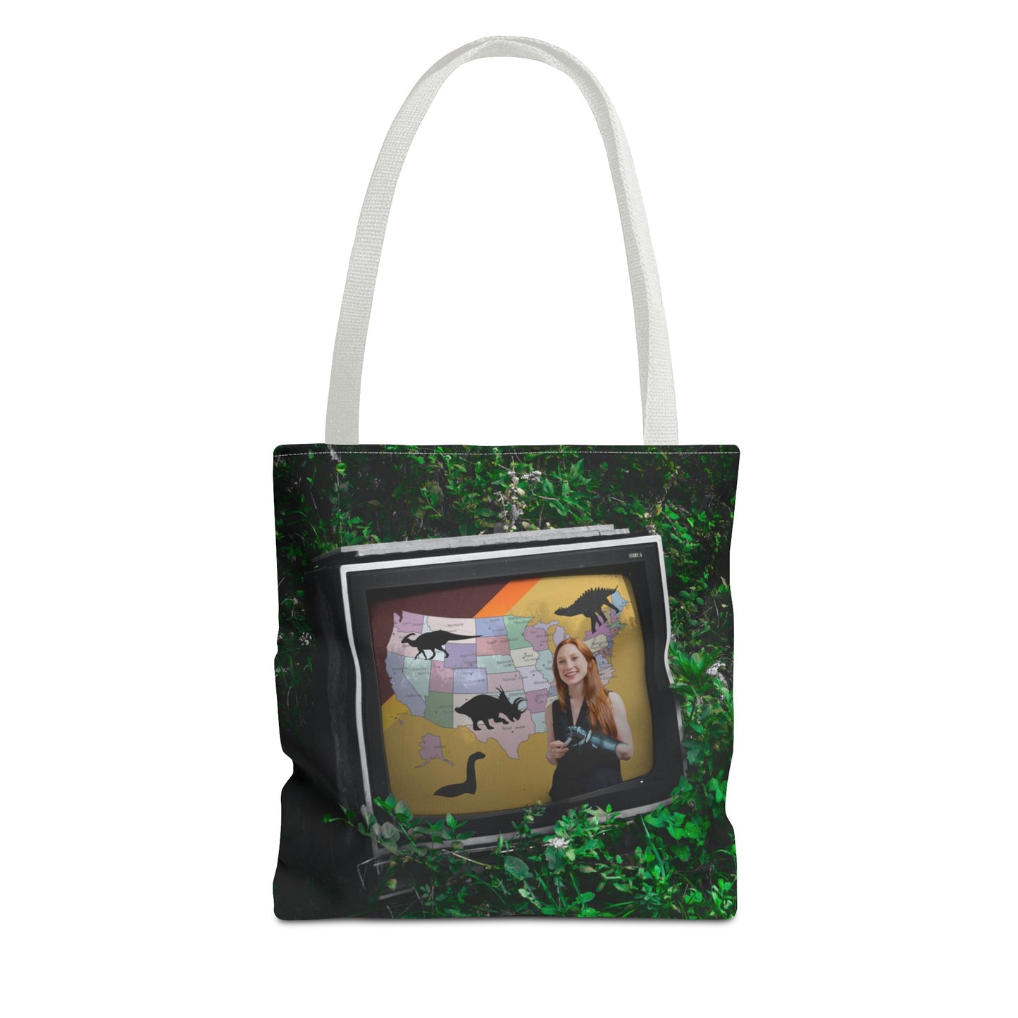 Unique Dystopian TV Scene Tote Bag with Weather Girl & Dinosaurs Map