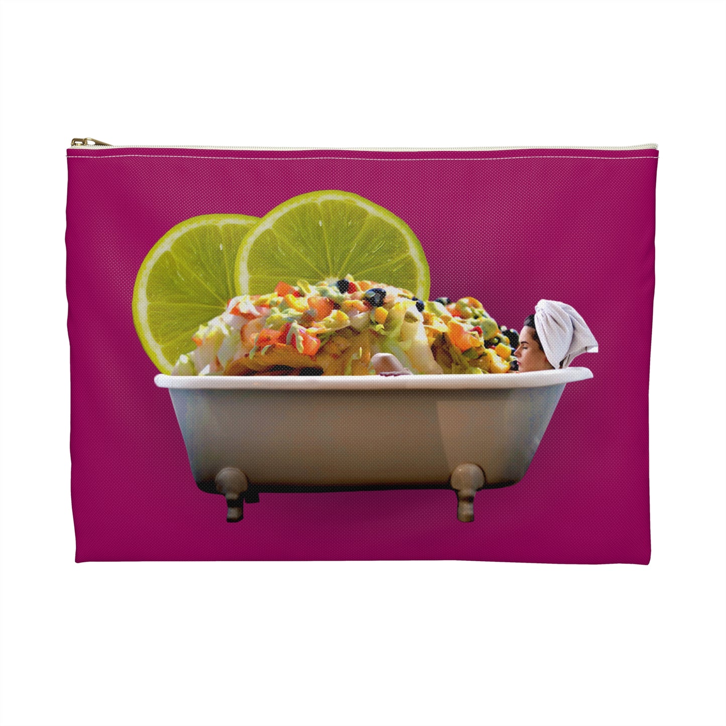 Food Lover's Delight Accessory Pouch - Woman Soaking in Bathtub with Burrito and Lime Wedges