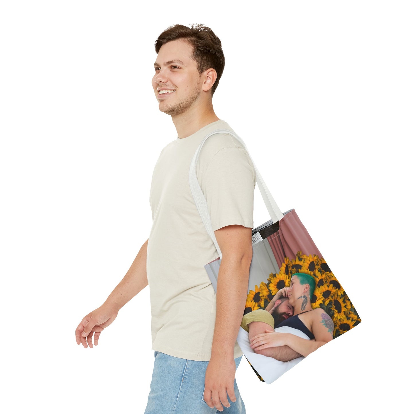 Tranquil Sunflowers Around Cuddling Couple Tote Bag Surreal Art - Loving Design "Sunflowers In Your Room"