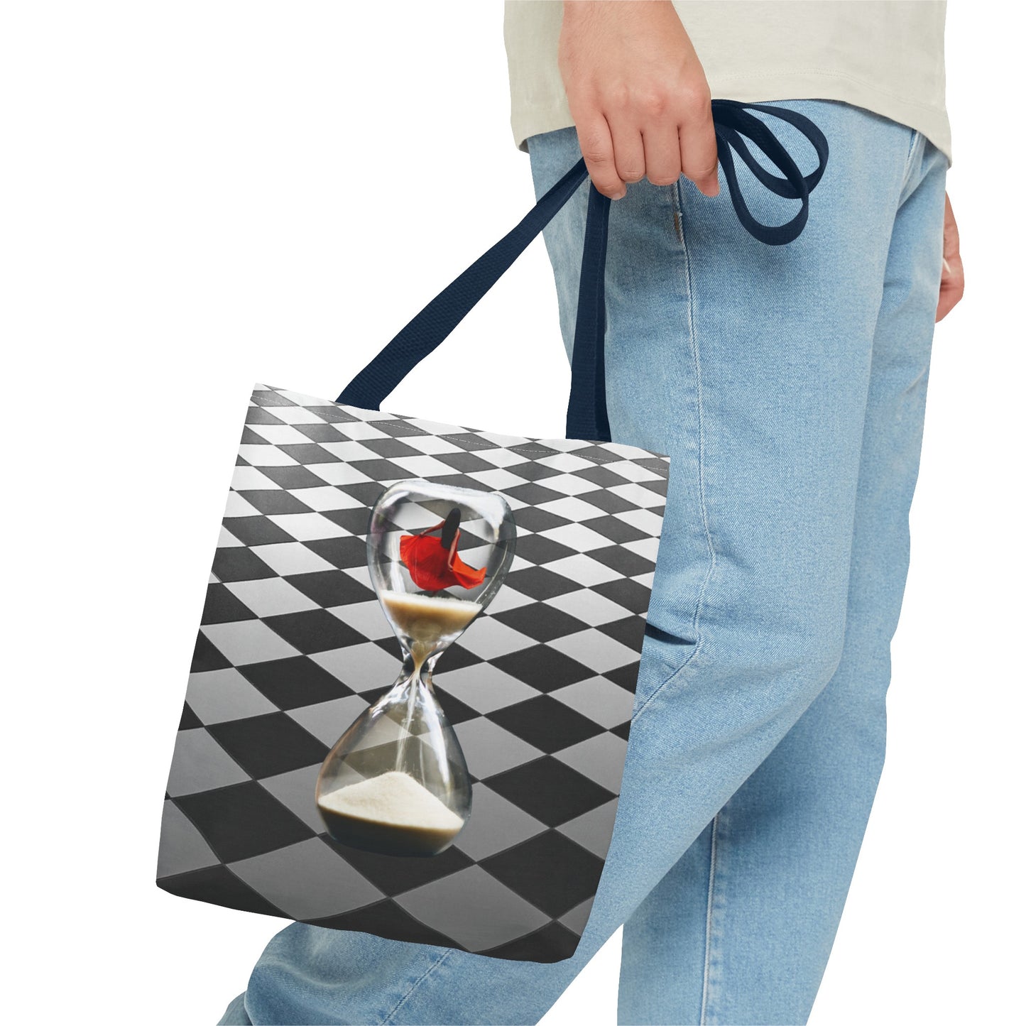 Red Dress Dancer Tote Bag - Surreal Art Checkerboard Design - Dance Through Life