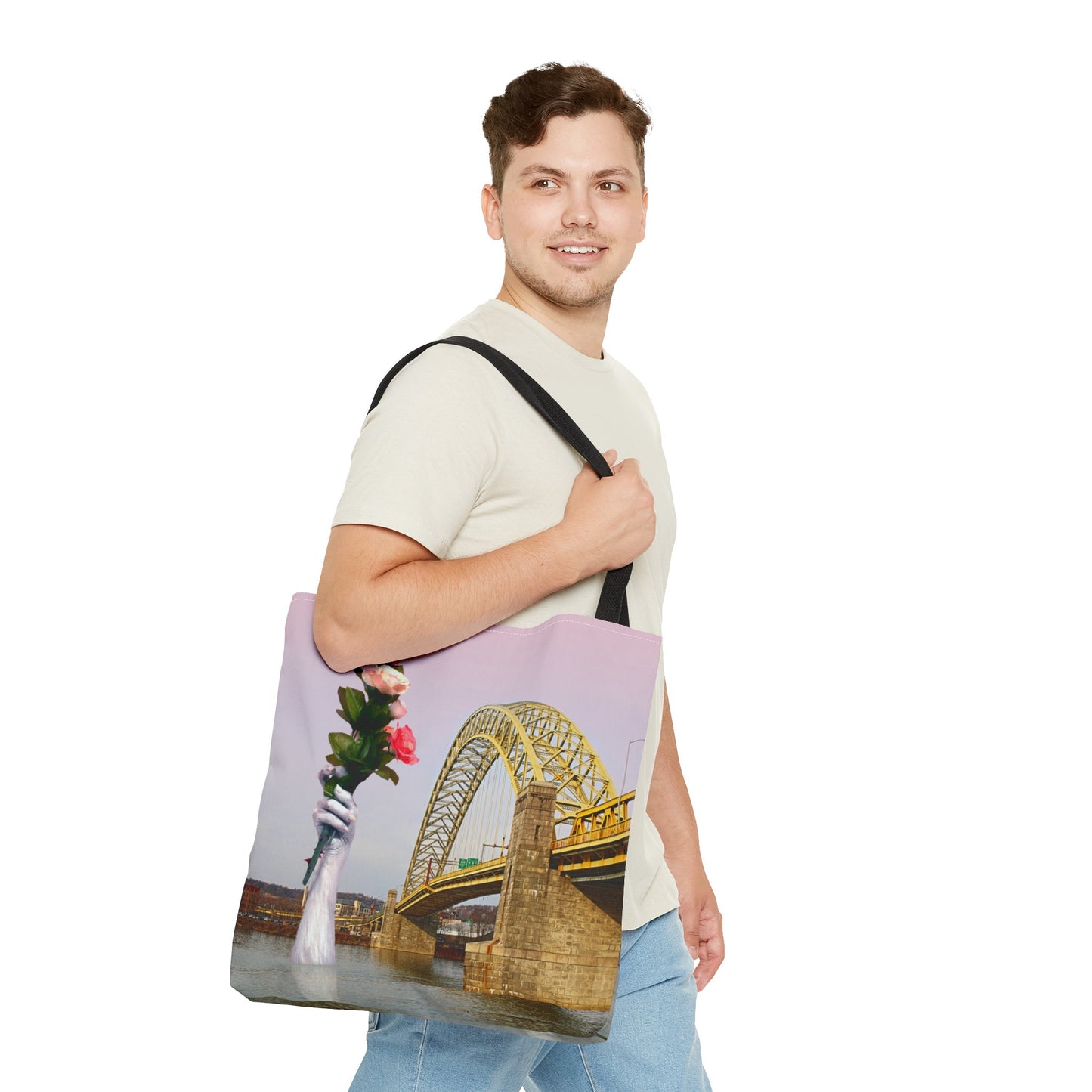Romantic Tote Bag for Valentine's and Long-Distance Lovers: A Bridge Too Far Design with Flowers