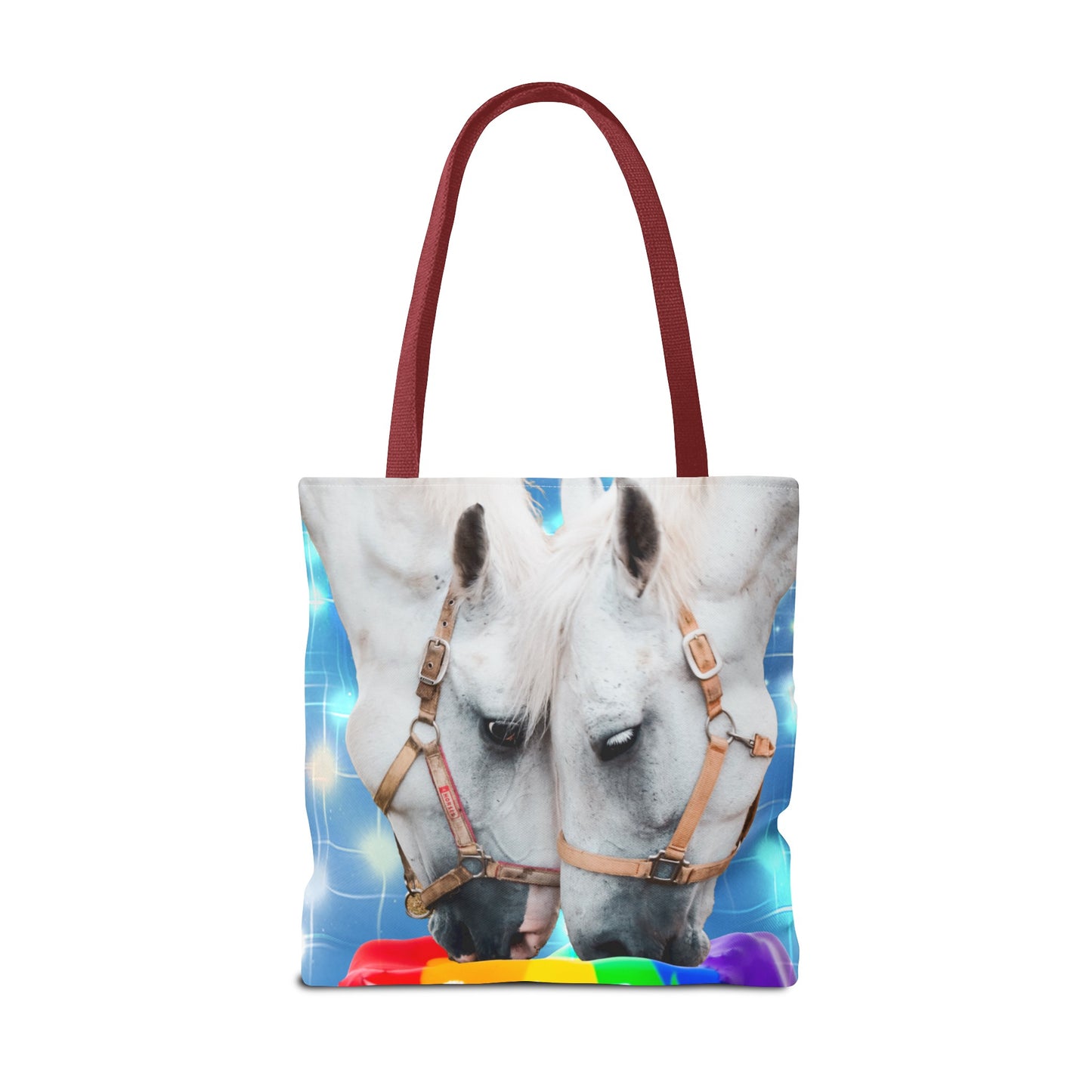 Unique Tote Bag "Pooping Rainbows" Art - White Horses Eating Rainbow Feed