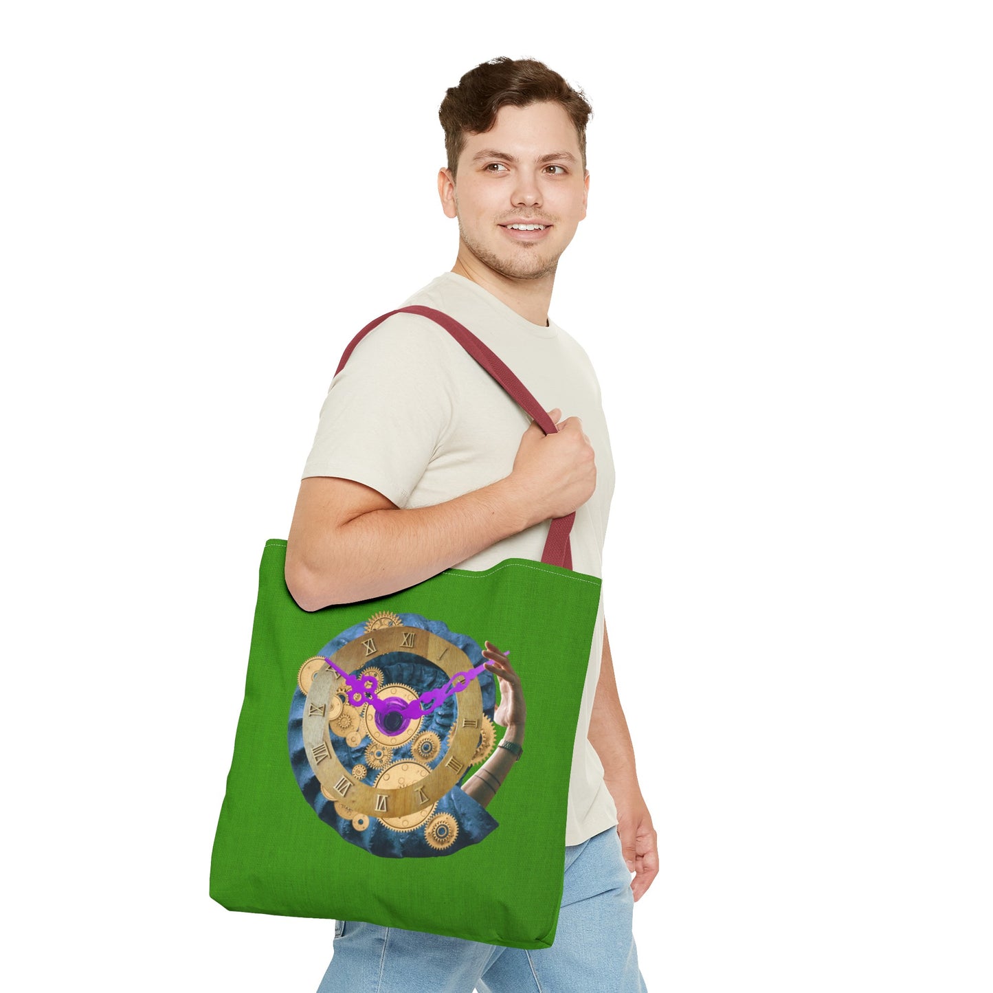 Steampunk Clock Tote Bag with Surreal Ammonite Art Print - Departure Time