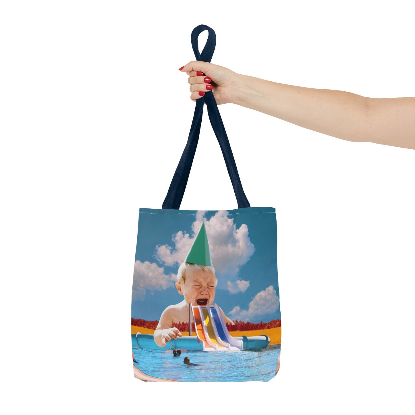 Vibrant Pool Party Beach Tote Bag - Surreal Art Print - Giant Baby and Colorful Pool Slide