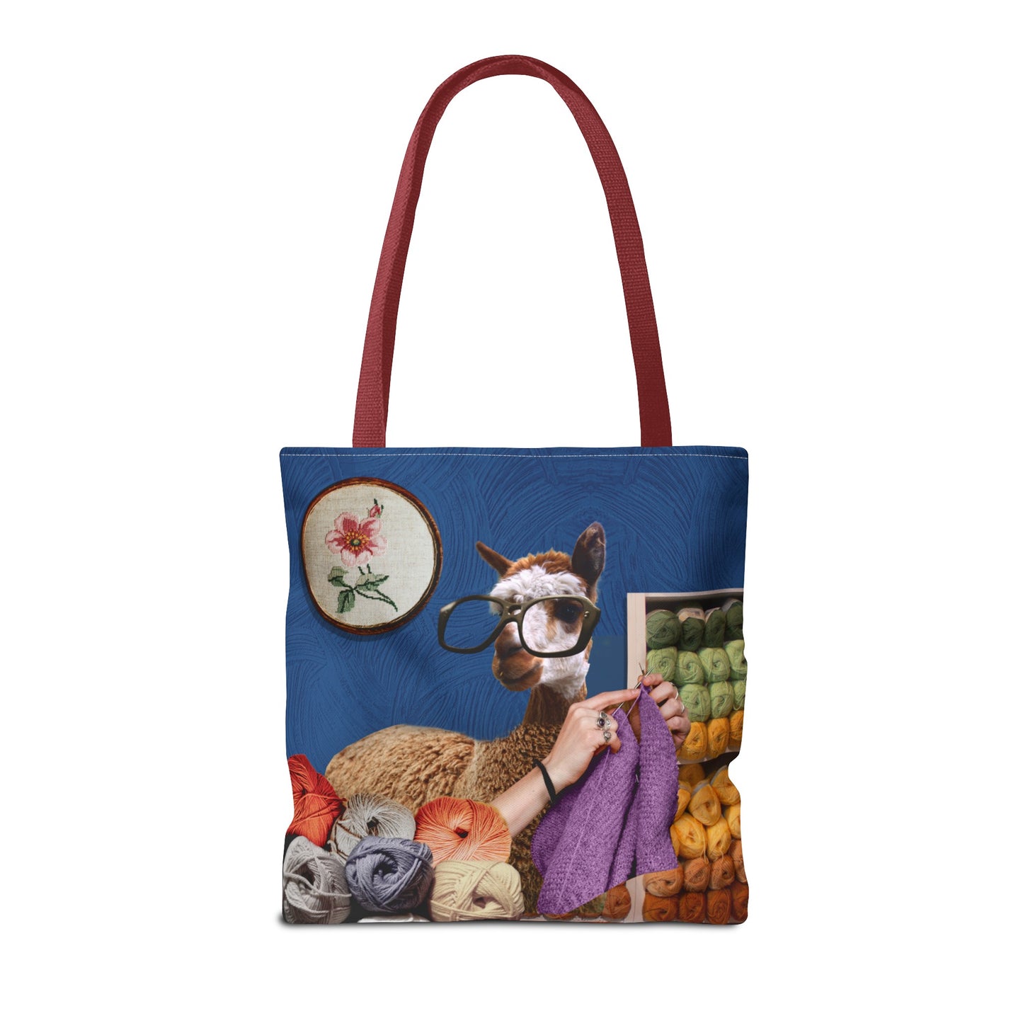 Whimsical Funky Llama Tote Bag: "Llama Tried" - Wearing Glasses and Knitting in Yarn Shop