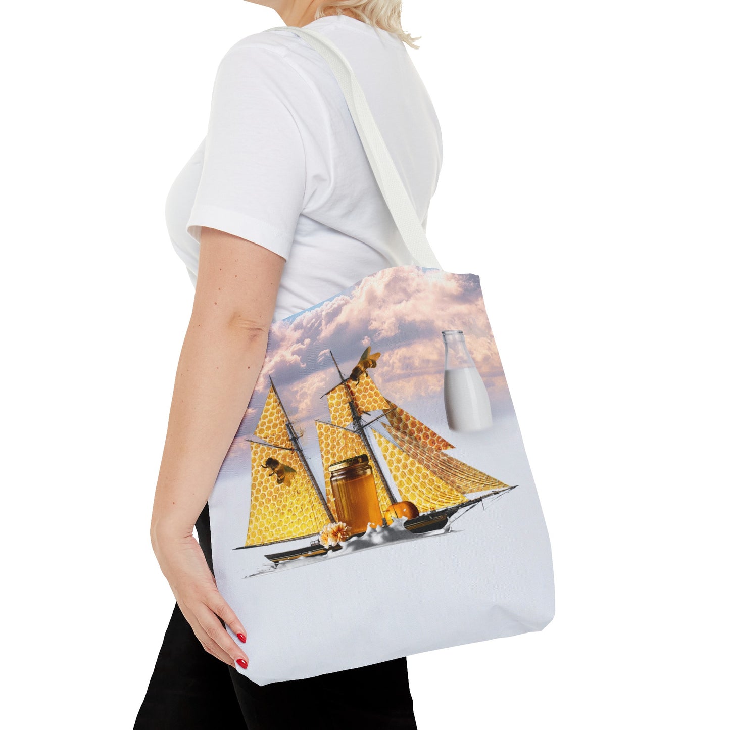 Tote Bag, Bees at Sea on Honeycomb Ship 'Milk & Honey' Surreal Whimsical Collage Art