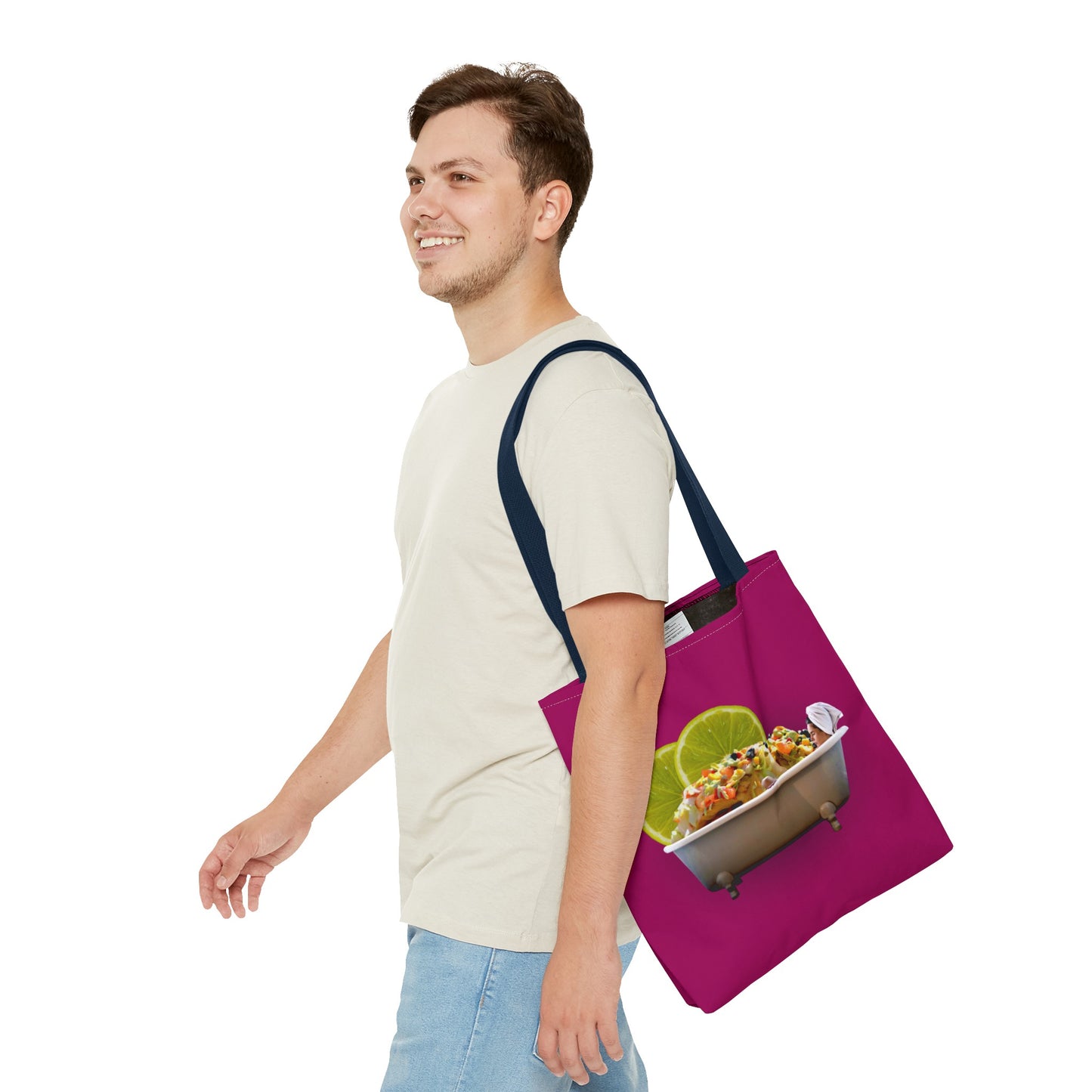 Food Lover's Delight: Woman Soaking in Bathtub with Burrito Tote Bag