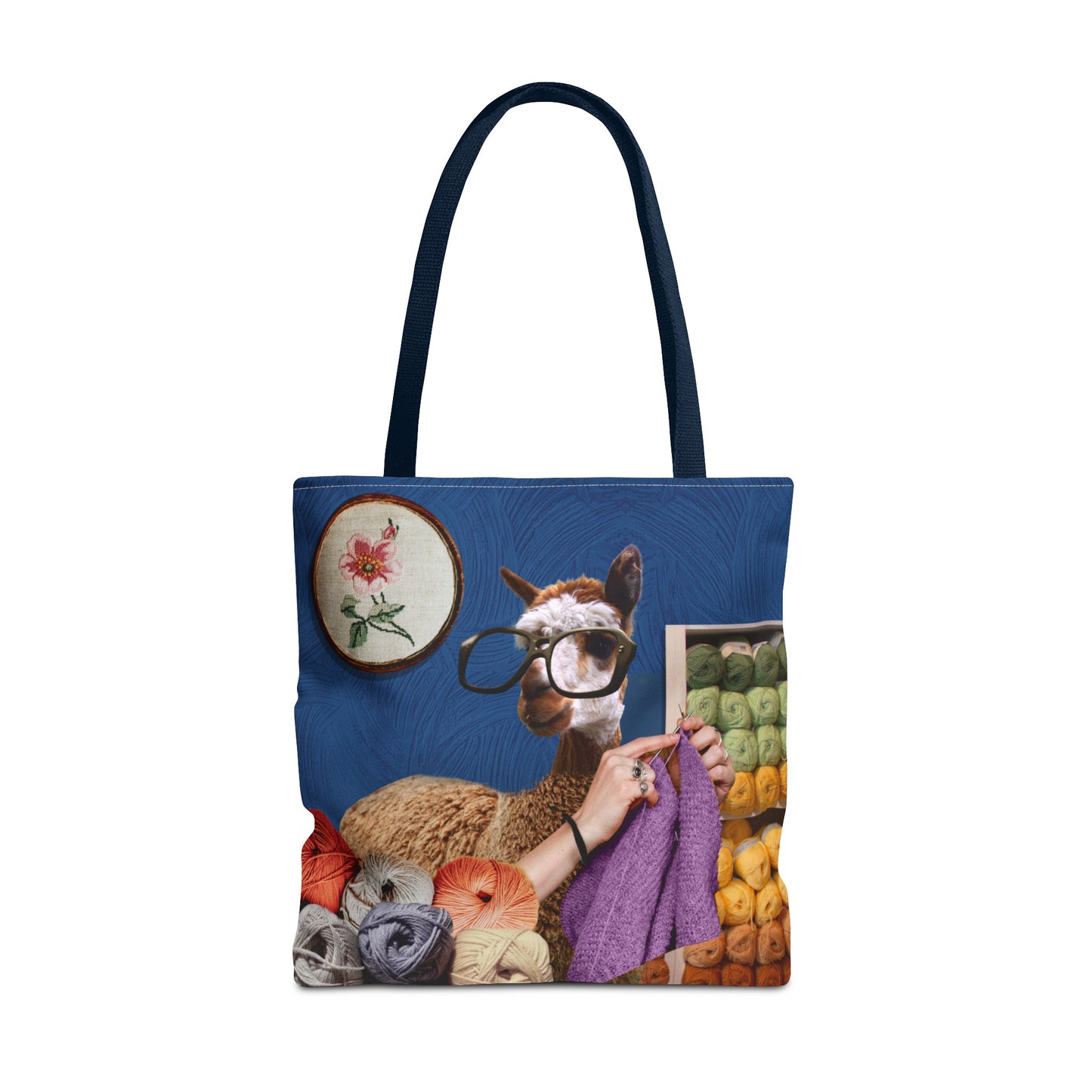 Whimsical Funky Llama Tote Bag: "Llama Tried" - Wearing Glasses and Knitting in Yarn Shop