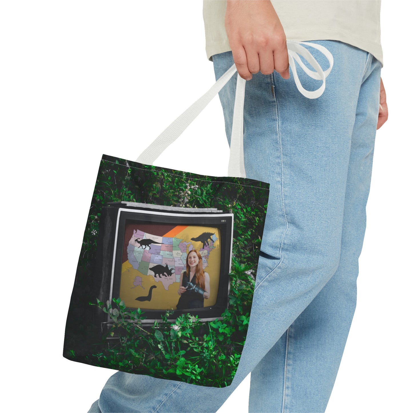 Unique Dystopian TV Scene Tote Bag with Weather Girl & Dinosaurs Map