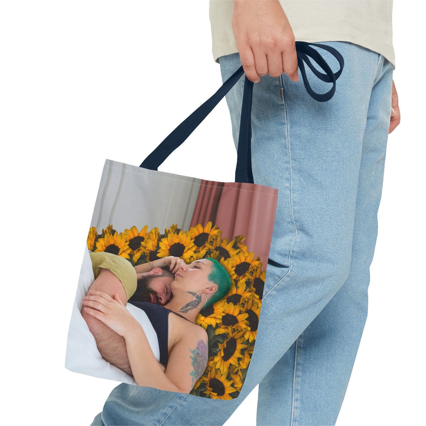 Tranquil Sunflowers Around Cuddling Couple Tote Bag Surreal Art - Loving Design "Sunflowers In Your Room"