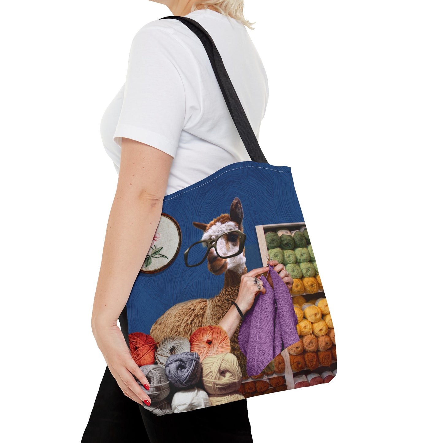Whimsical Funky Llama Tote Bag: "Llama Tried" - Wearing Glasses and Knitting in Yarn Shop