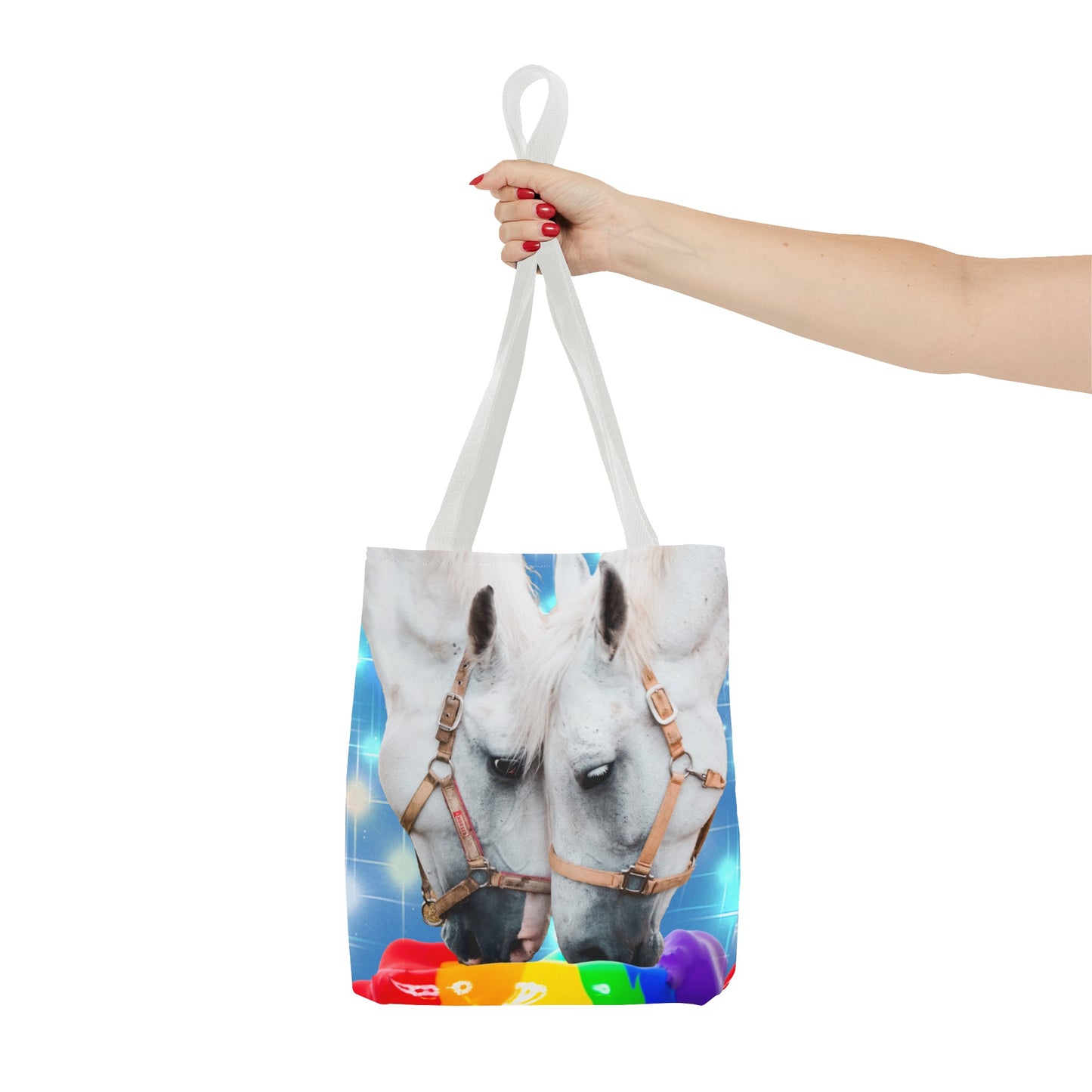 Unique Tote Bag "Pooping Rainbows" Art - White Horses Eating Rainbow Feed