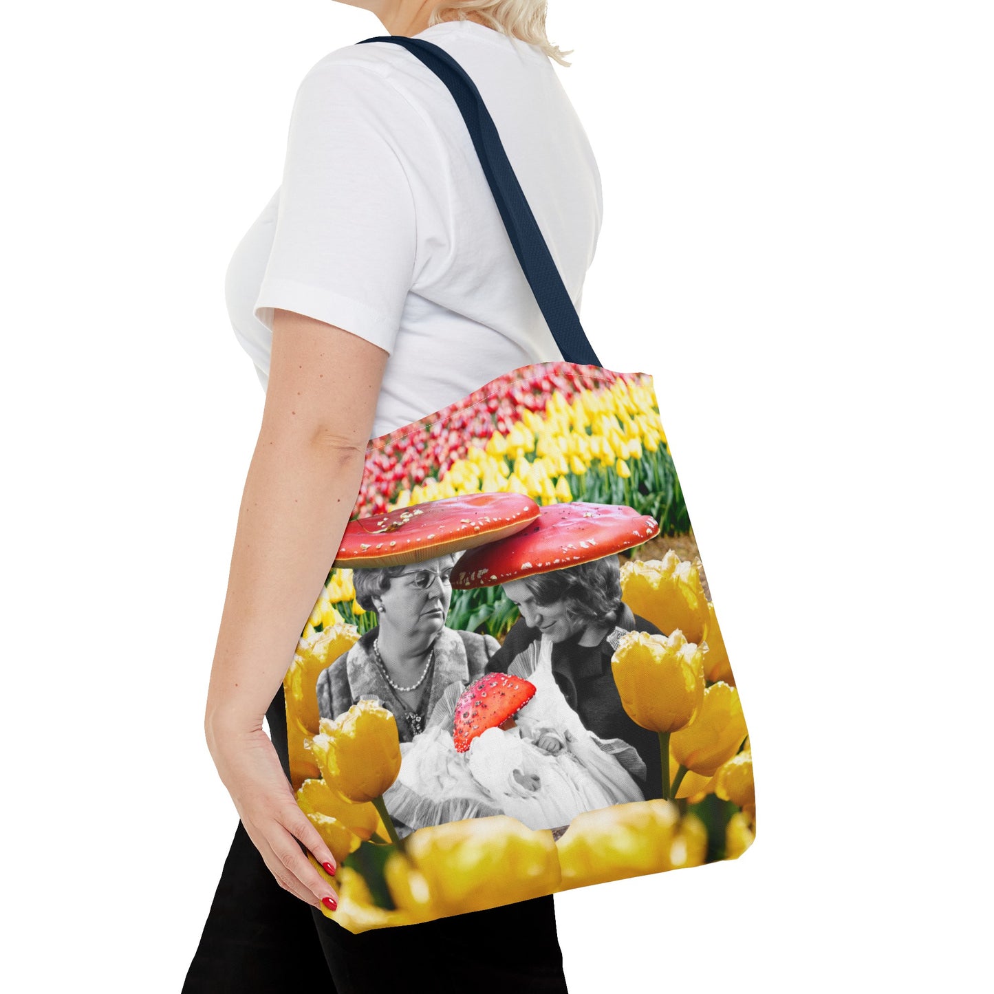 Happy Mushroom Family All Over Print Tote Bag - Surreal Collage Art "Nana's Little Mushroom" in a Field of Tulips